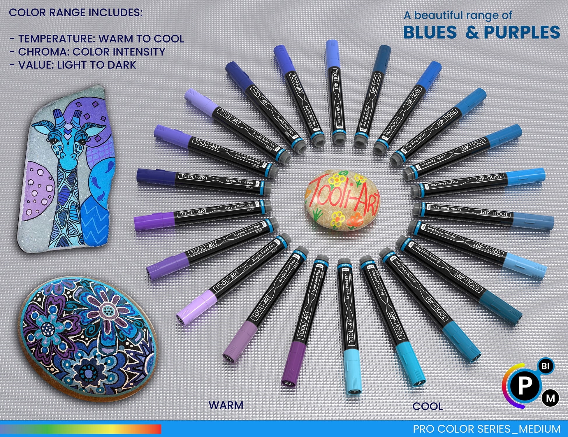 Tooli-Art Acrylic Paint Pens Blues and Purple Pro Color Series with 3mm Medium Tip Marker Set of 22