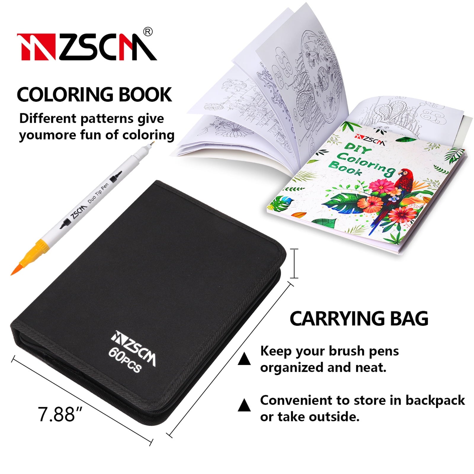 ZSCM 60 Colors Markers for Adult Coloring Books No Bleeding - Duo Tip Art Pens, Fine & Brush Coloring Marker for Adult Calligraphy, Illustration, Cards Drawing, Note taking Lettering, Journaling