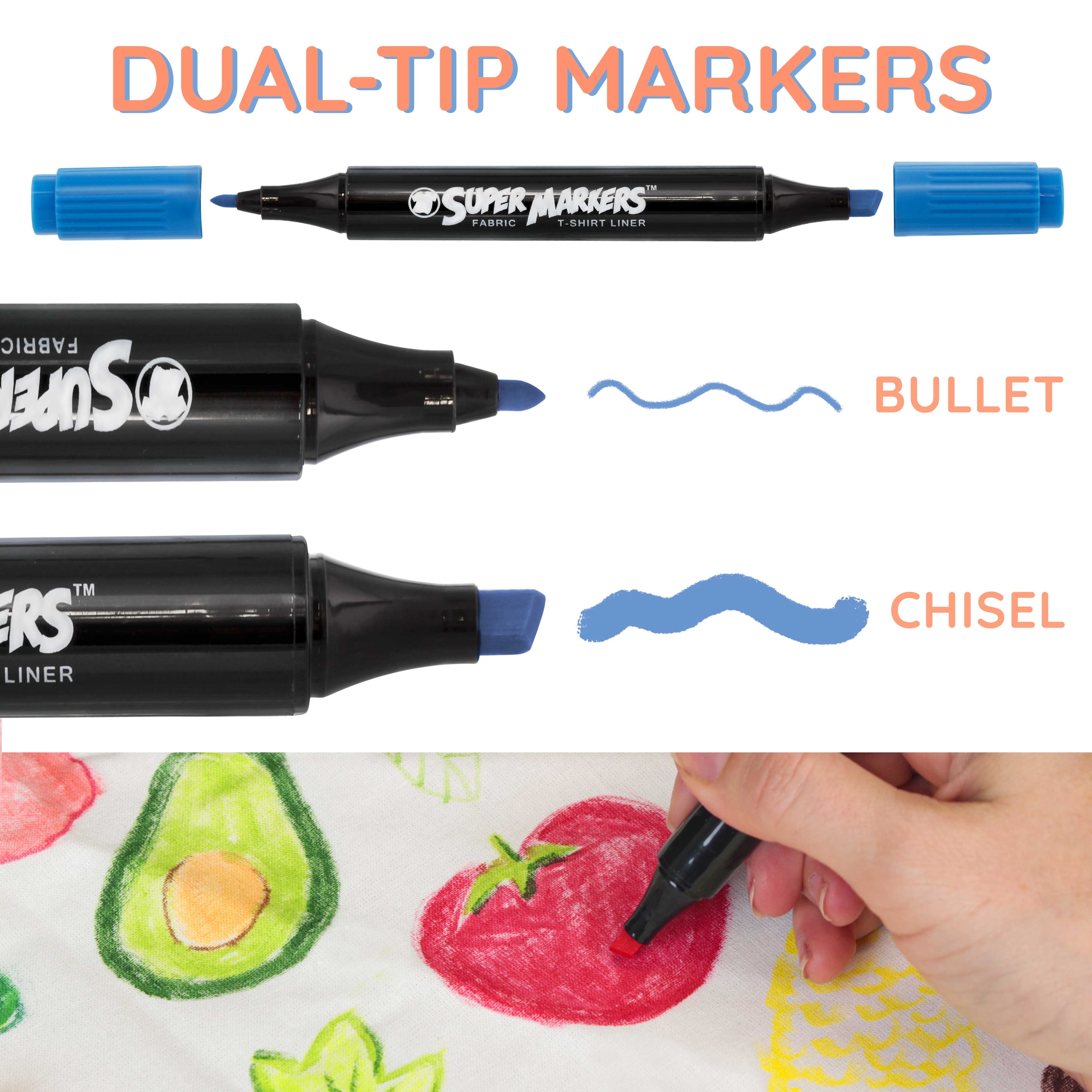 Crazy Colors Dual Tip Fabric & T-Shirt Marker 20 Color Set - Bullet & Chisel Tips - Child Safe - Create Art on Clothing
