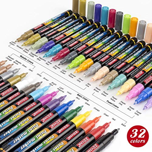 ZEYAR Acrylic Paint Pens, Water based Extra Fine Point, 32 vibrant colors, Opaque Ink, AP Certified, Paint Marker for Glass, Rock, Paper, Ceramic, Plastic and Non porous surfaces