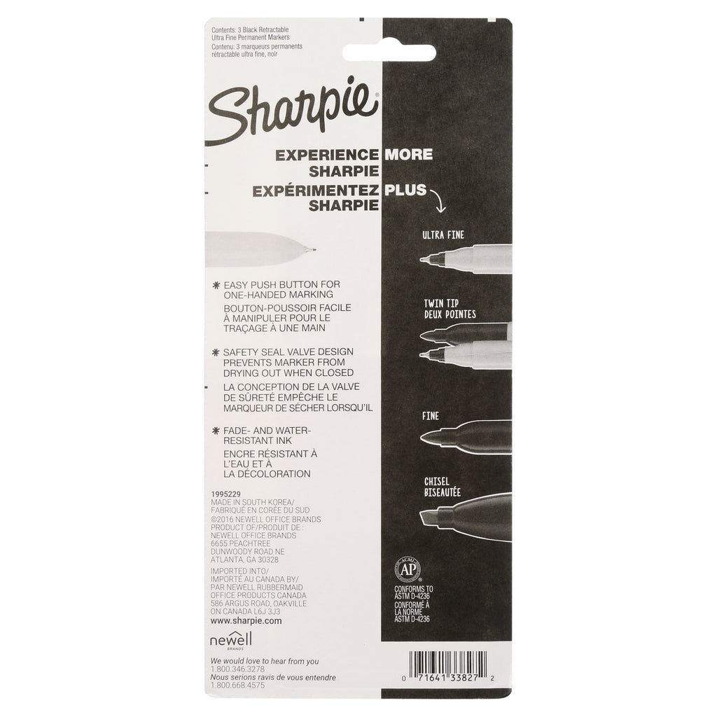 Sharpie Ultra Fine Point Retractable Permanent Markers, Black, 3/pkg