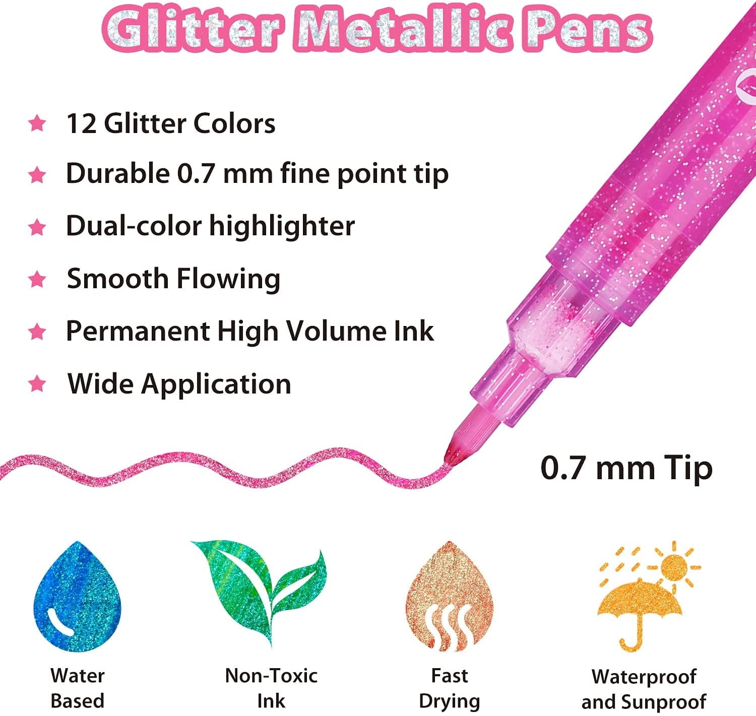 Ohuhu Glitter Markers, 12 Metallic Colors, Fine Tip, Water-Based Ink, for DIY Crafts