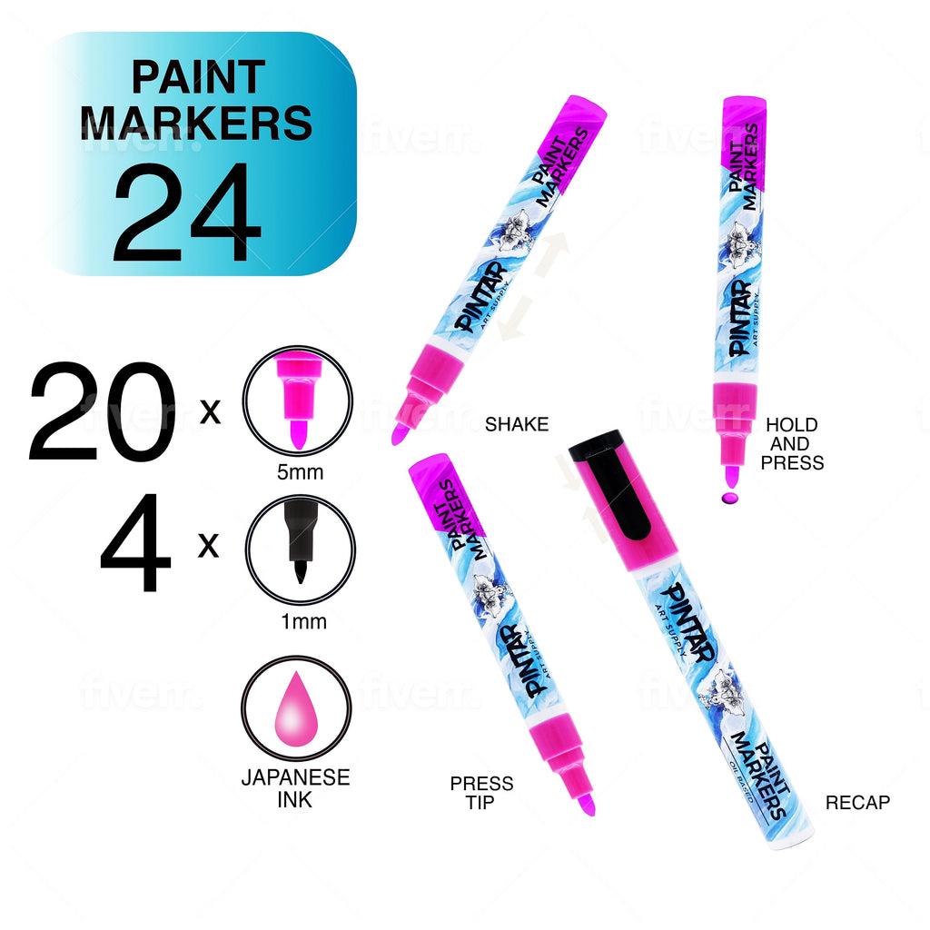 Pintar Art Premium Oil Paint Pens - (24-Pack) 20 Medium Tip(5mm) & 4 Fine Tip(1mm) Vibrant Colored Pens, DIY projects