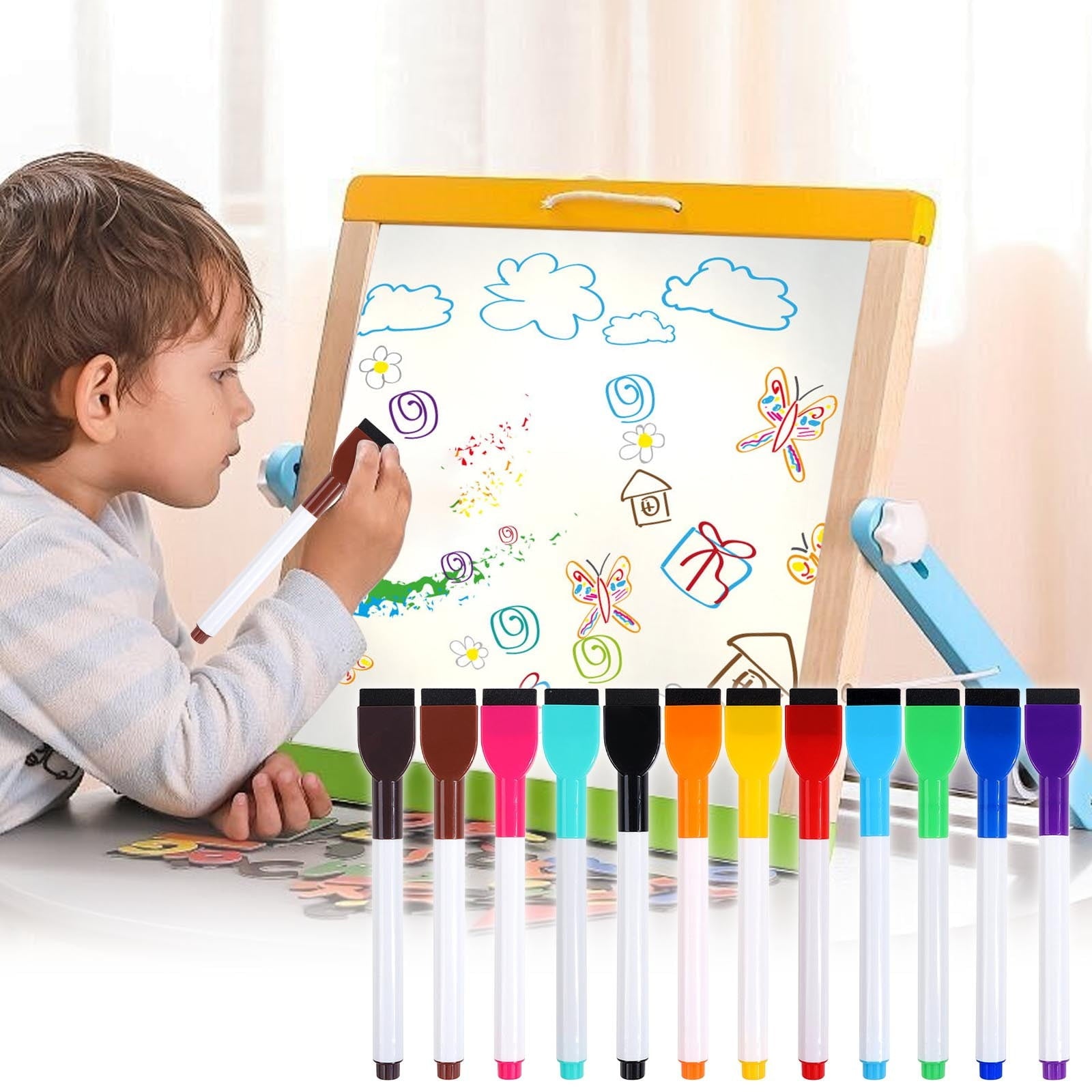 IGEED Magnetic Whiteboard Markers,Fine Tip Dry Erase Markers with Eraser,White Board Marker with Eraser Cap,Low Odor Thin Markers for Calendar Boards,Assorted Bright Colors
