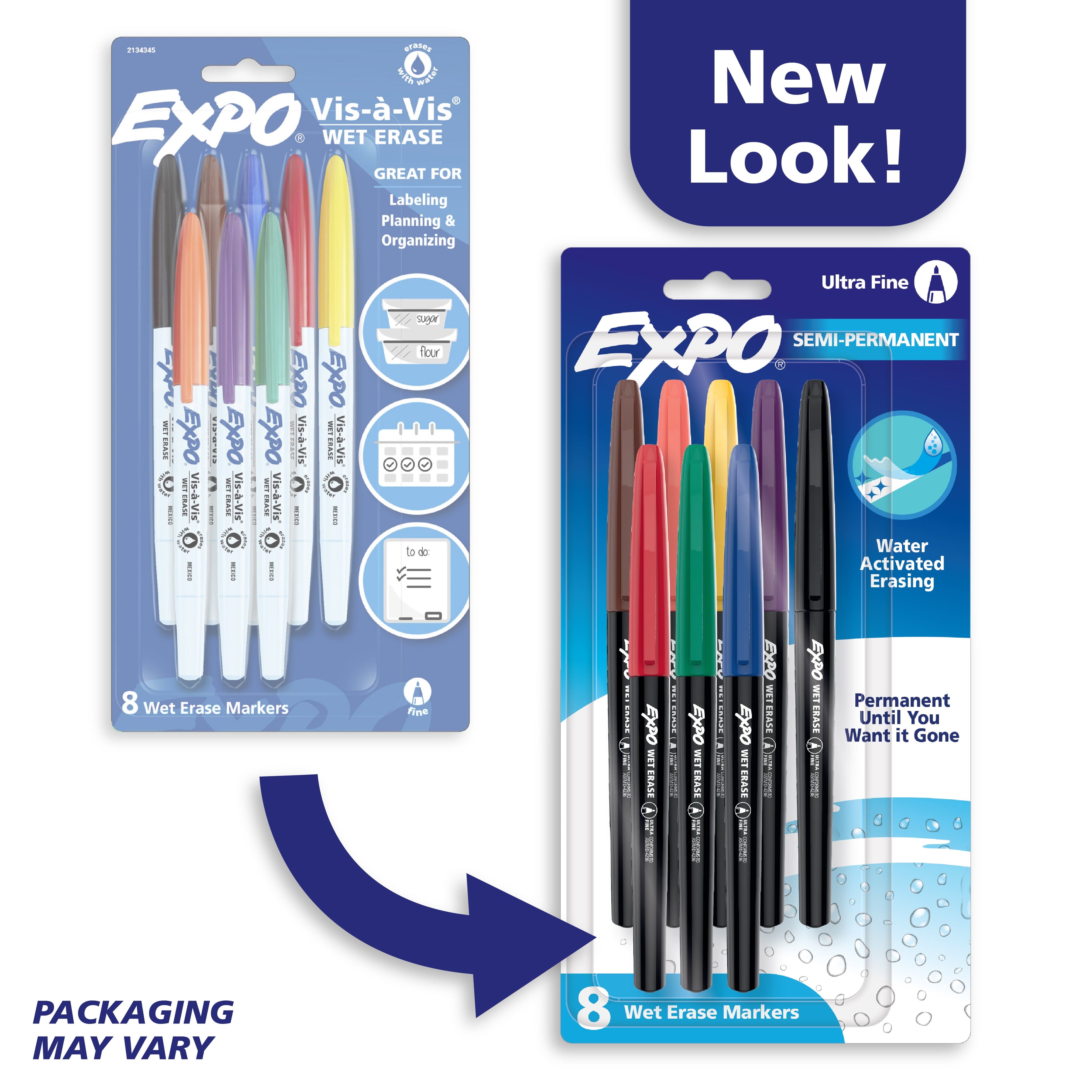 Expo Wet Erase Markers, Semi-Permanent Markers, Assorted, Ultra Fine Tip, 8 Count
