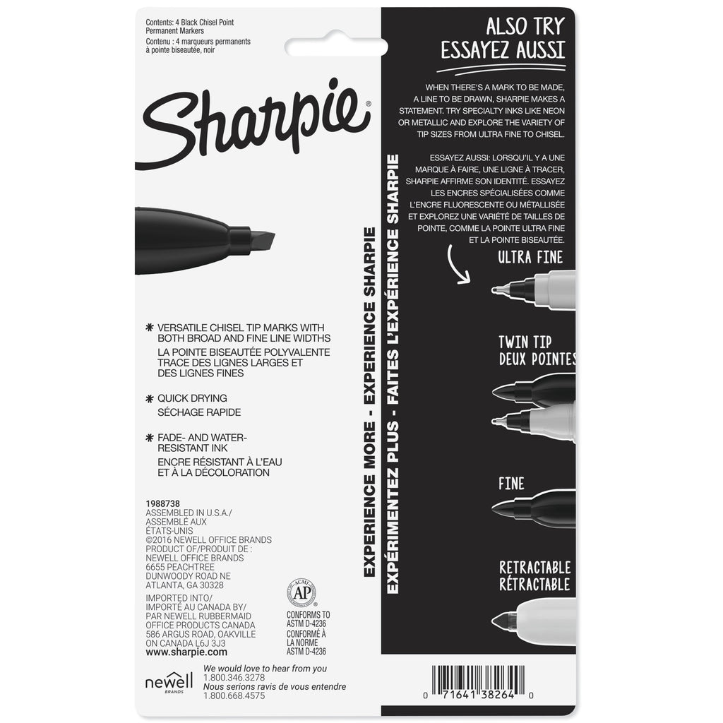 Sharpie Permanent Markers, Chisel Tip, Black, 4 Count