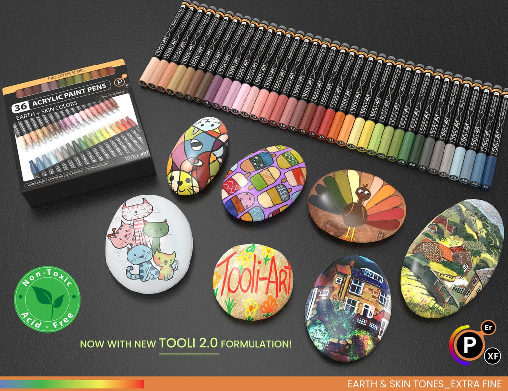 Tooli-Art Acrylic Paint Pens Skin and Earth Tones Marker Set 0.7mm Extra Fine Tip For Rock Painting, Canvas, Most Surfaces with Non-Toxic, Quick Dry Marker Set of 36