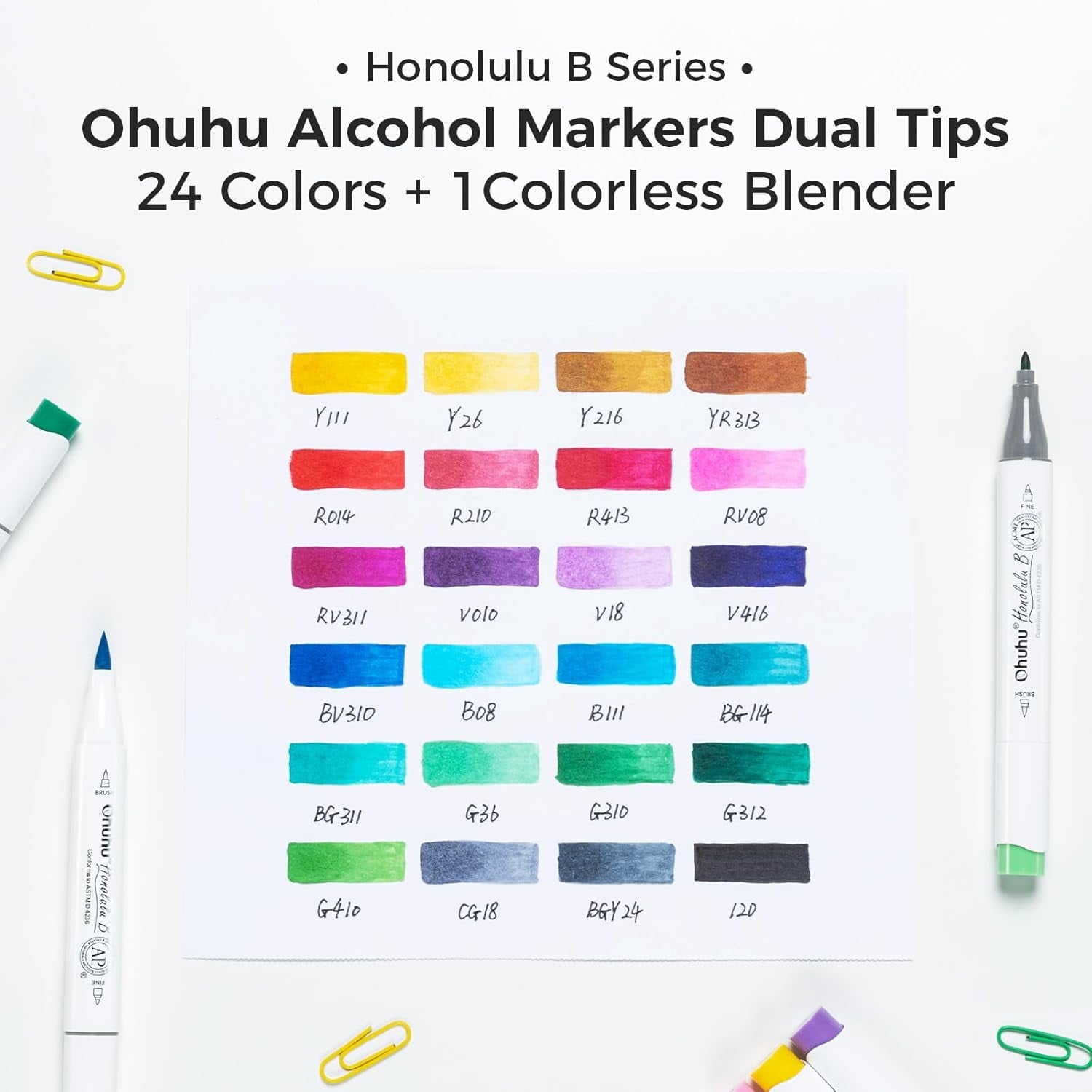 Ohuhu 24 Basic Alcohol Markers, Brush & Fine Tip, with Blender, for Sketching & Illustration, Honolulu B
