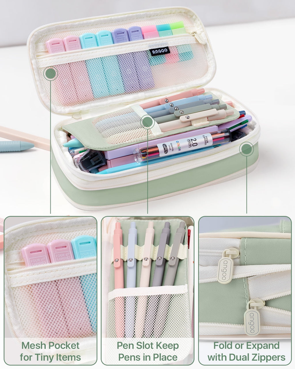 Four Candies 56 PCS Aesthetic Supplies with Large Pencil Case, 6 Colored Ballpoint Pens, 12 Pastel Highlighters, 5 Black Ink Gel Pens, 9 Mechanical Pencils 0.5-2.0mm Essentials (Green)