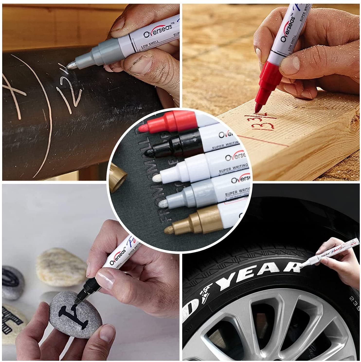 Overseas Paint Marker Pens - 5 Pack Permanent Oil Based Paint Markers, Medium Tip, Quick Dry and Waterproof Assorted Color Marker for Rock, Wood, Fabric, Plastic, Canvas, Glass, Mugs, Canvas, Glass