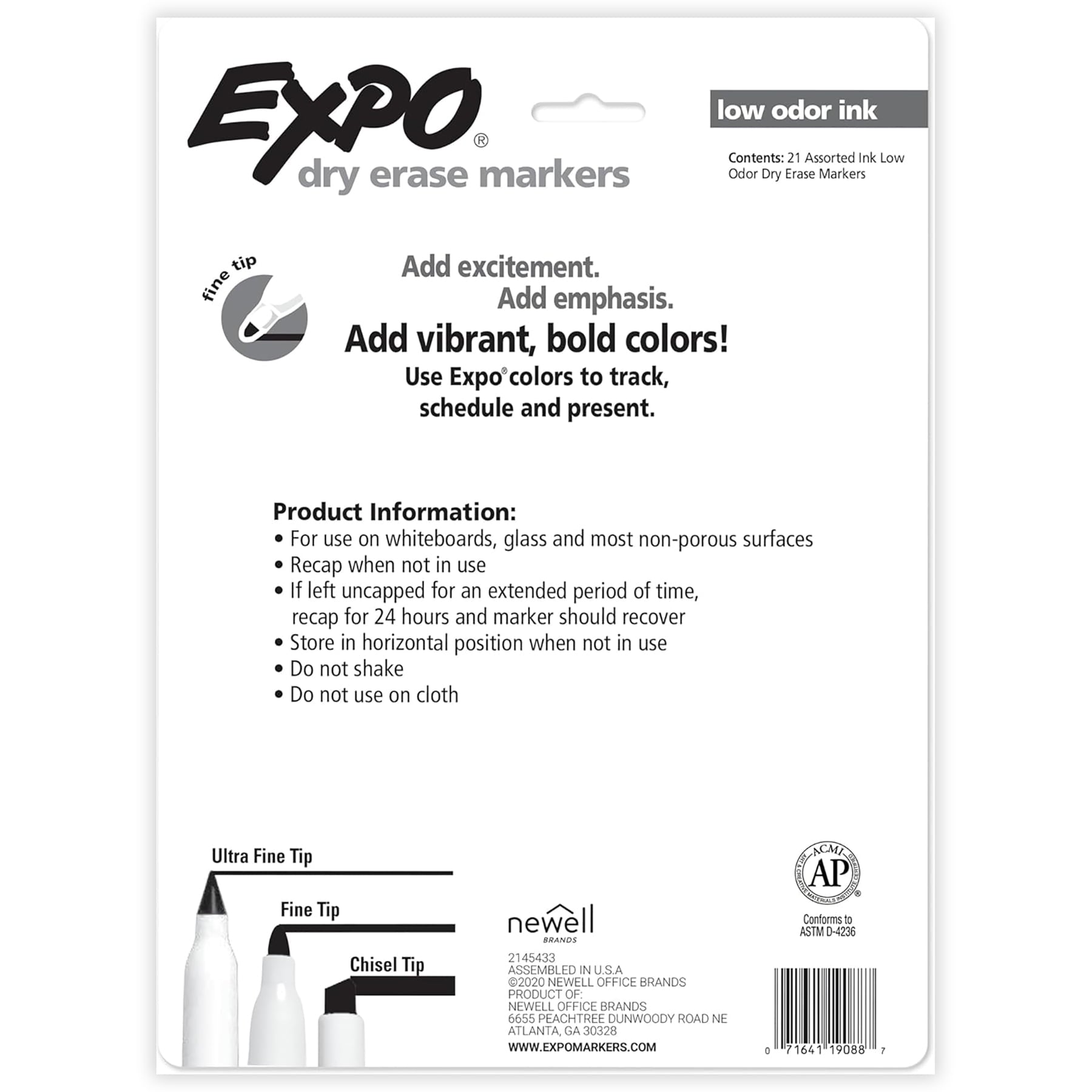 EXPO Dry Erase Markers, Whiteboard Markers with Low Odor Ink, Fine Tip, Assorted Vibrant Colors, 21 Count