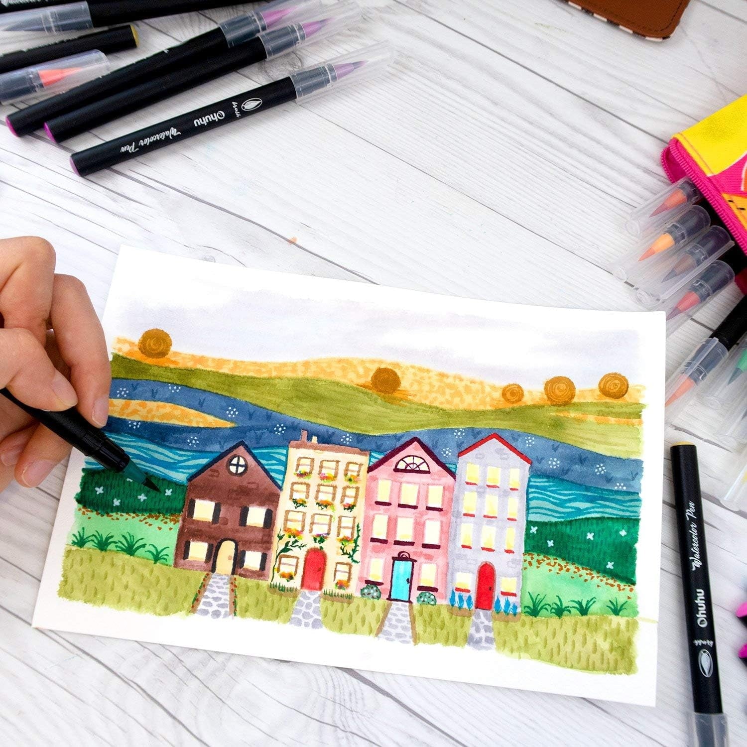 Ohuhu 24 Colors Professional Watercolor Brush Markers, Water-Based Drawing Pens with Blending Aqua Pen for Adult Coloring, Comic, Calligraphy