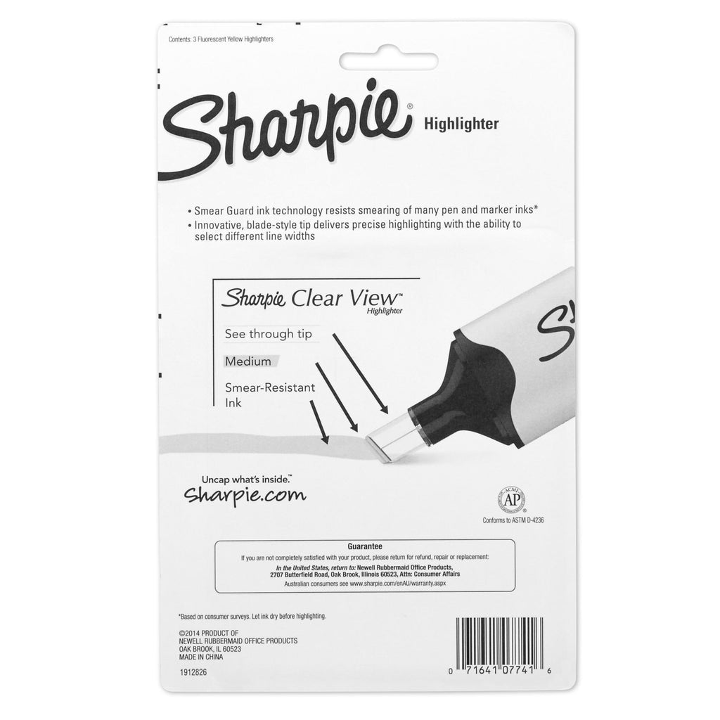 Sharpie Clear View Highlighters, Chisel Tip, Fluorescent Yellow, 3 Pack