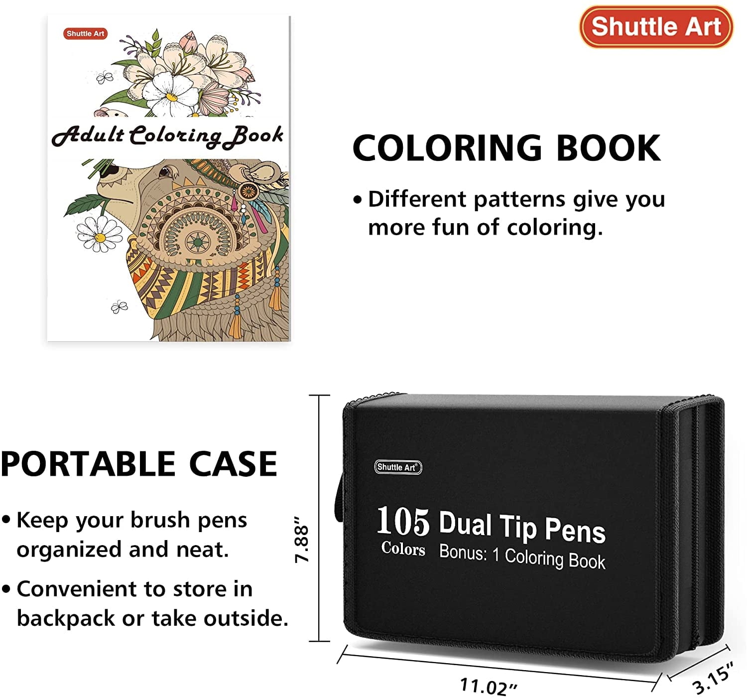 Dual Tip Brush Pens Art Markers, Shuttle Art 105 Colors Fine and Brush Dual Tip Markers Set in Portable Case with 1 Coloring Book for Adult Artist Coloring