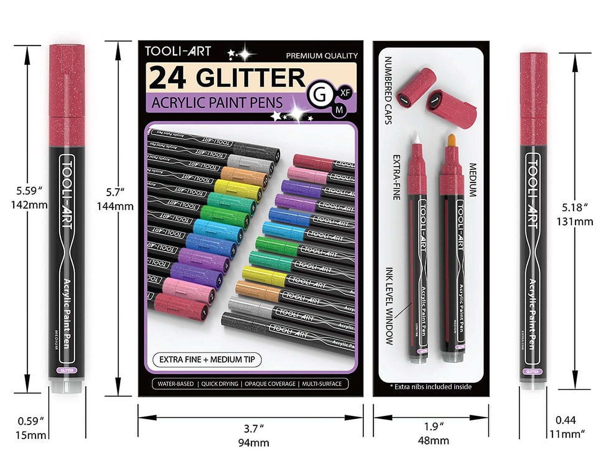 Tooli-Art Metallic Acrylic Paint Marker Pens Set, Fine Point, Assorted Colors, 24 Counts