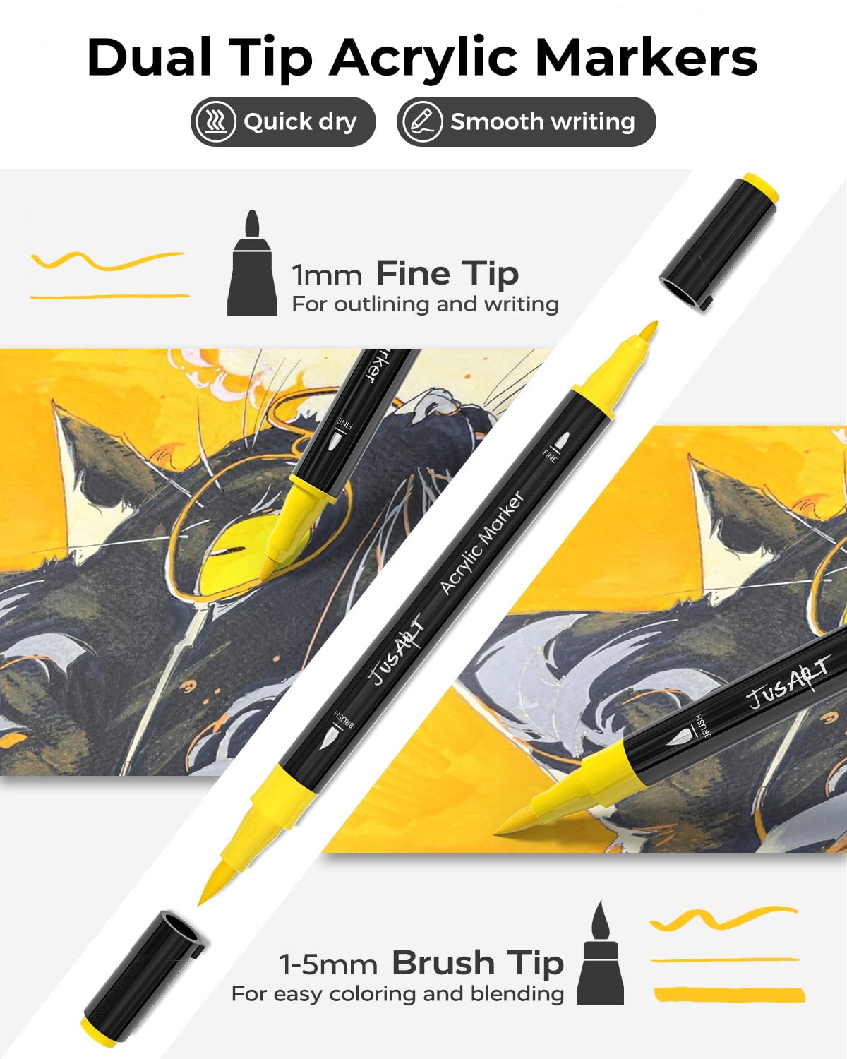 JusArt 48 Colors Markers, Dual Tip with Brush Tip and Fine Tip，for Rock, Wood, Egg, Canvas, Glass, Stone, Ceramic, DIY Crafts Professional Art Supplies