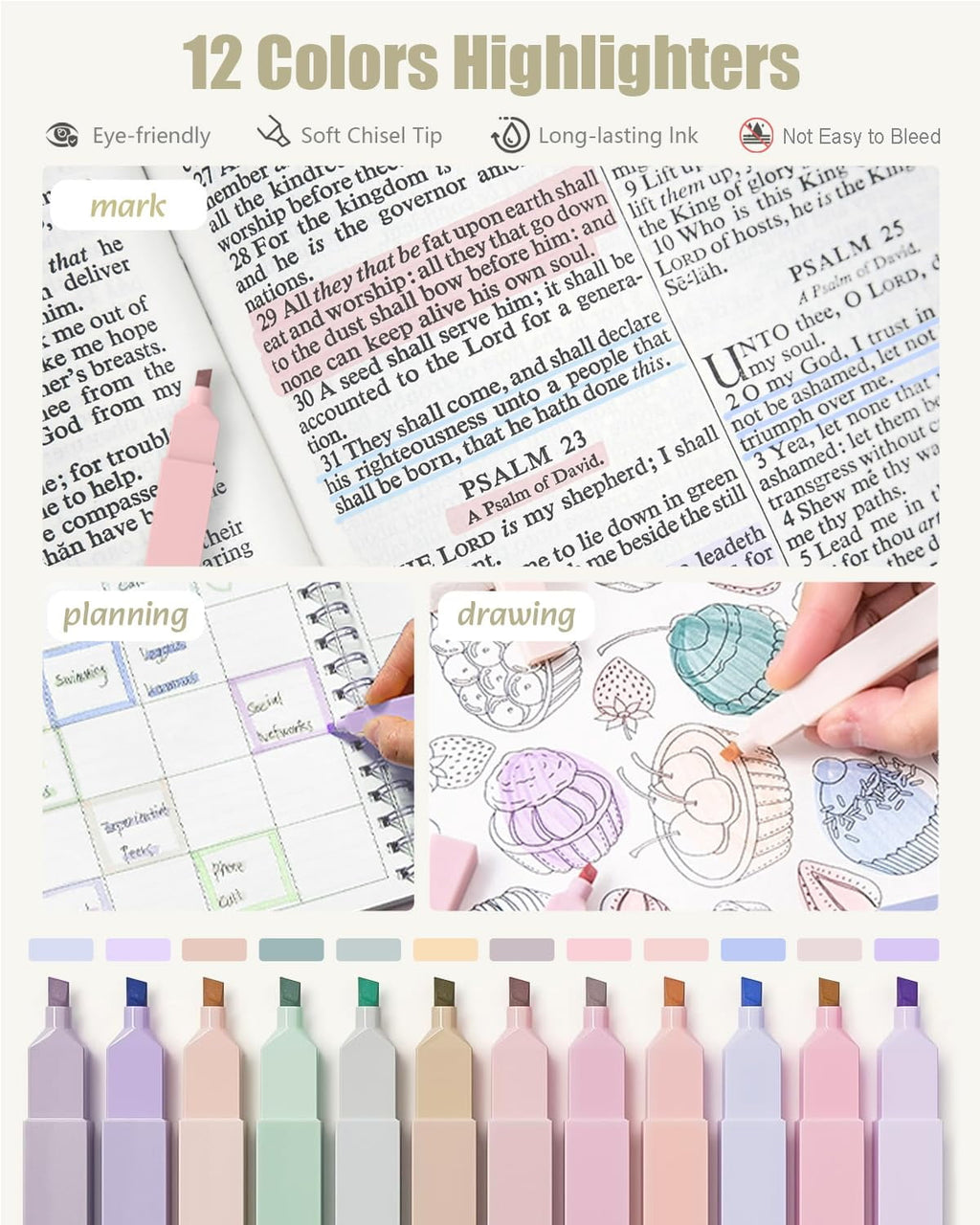 Four Candies 39 PCS Aesthetic Supplies with Cute Pen Case, 12 Pastel Highlighters, 5 Black Ink Gel Pens, 6 Mechanical Pencils Set 0.5 & 0.7 mm for Stationary College Essentials (Pink)