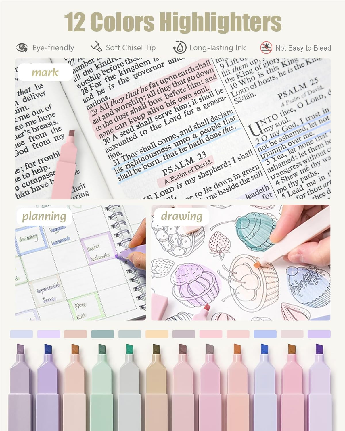 Four Candies 39 PCS Aesthetic Supplies with Cute Pen Case, 12 Pastel Highlighters, 5 Black Ink Gel Pens, 6 Mechanical Pencils Set 0.5 & 0.7 mm for Stationary College Essentials (Pink)