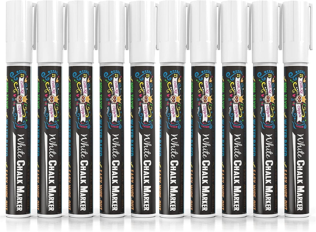 Chalky Crown - Liquid Chalk Markers for Blackboards Sign Window 6mm Rev Tip - White, 10 Packs
