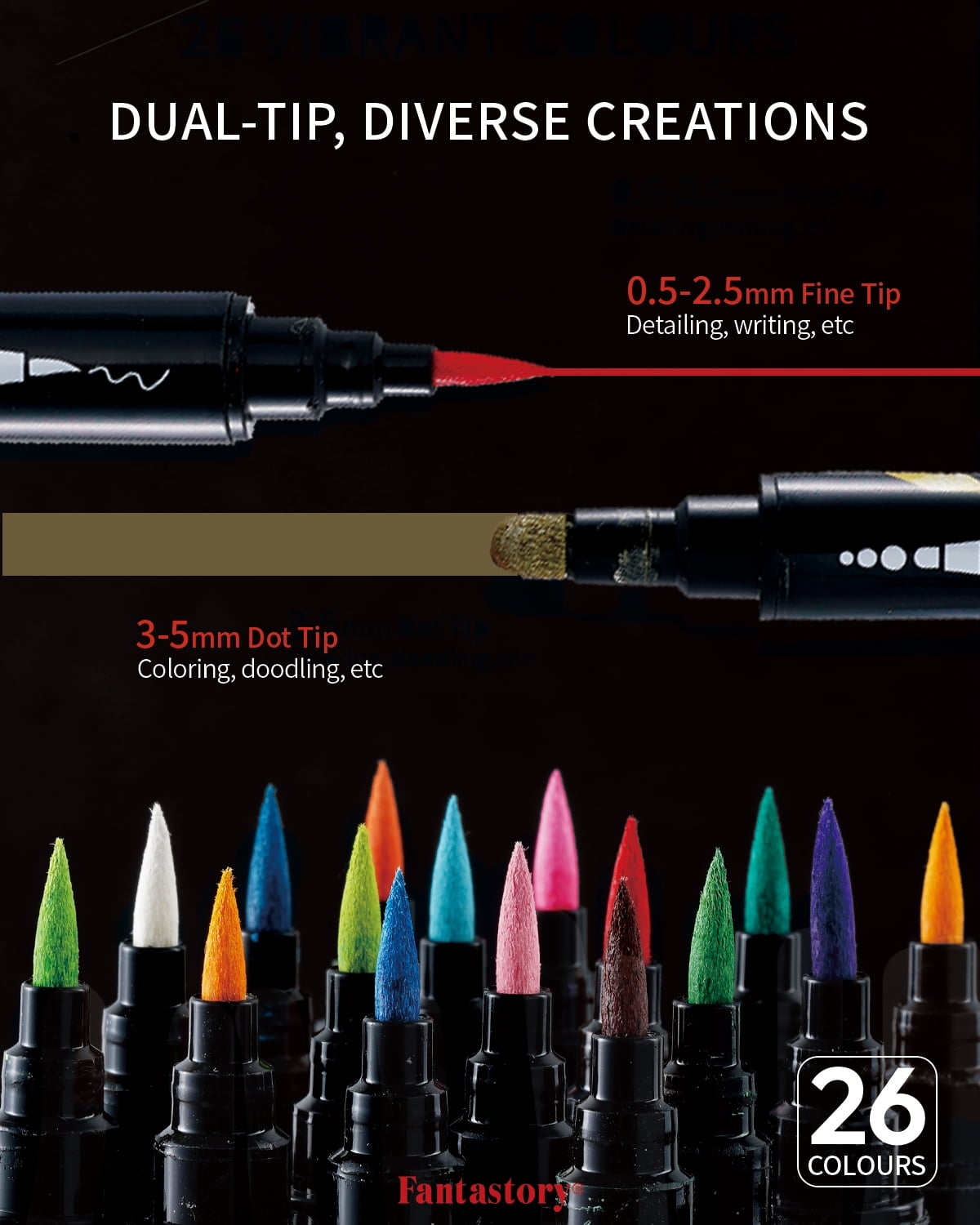 Fantastory Dual Tip Acrylic Paint Marker Set, 26 Colors, for Rock Painting, Wood, Glass, Ceramic, Canvas, Card Making and DIY Crafts