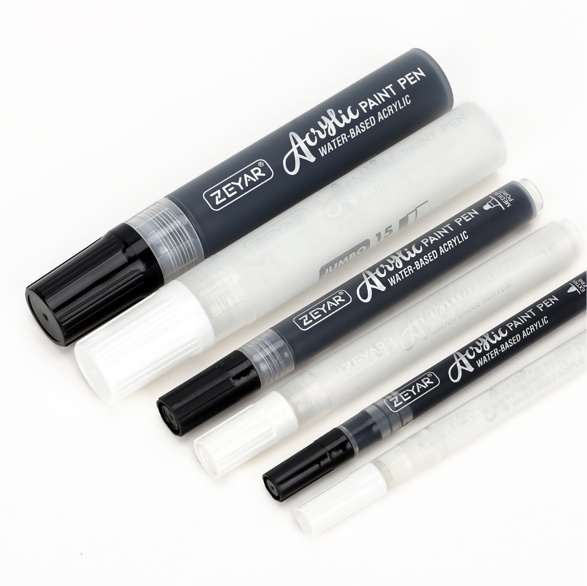 ZEYAR Acrylic Paint Marker Pens, Black & White Colors, 3 Different Point Size per Pack: Extra Fine(0.7-1mm), Medium Bullet Point(2-3mm),Jumbo Felt Tip(10-15mm) (Black & White, Extra fine,Medium,Jumbo)