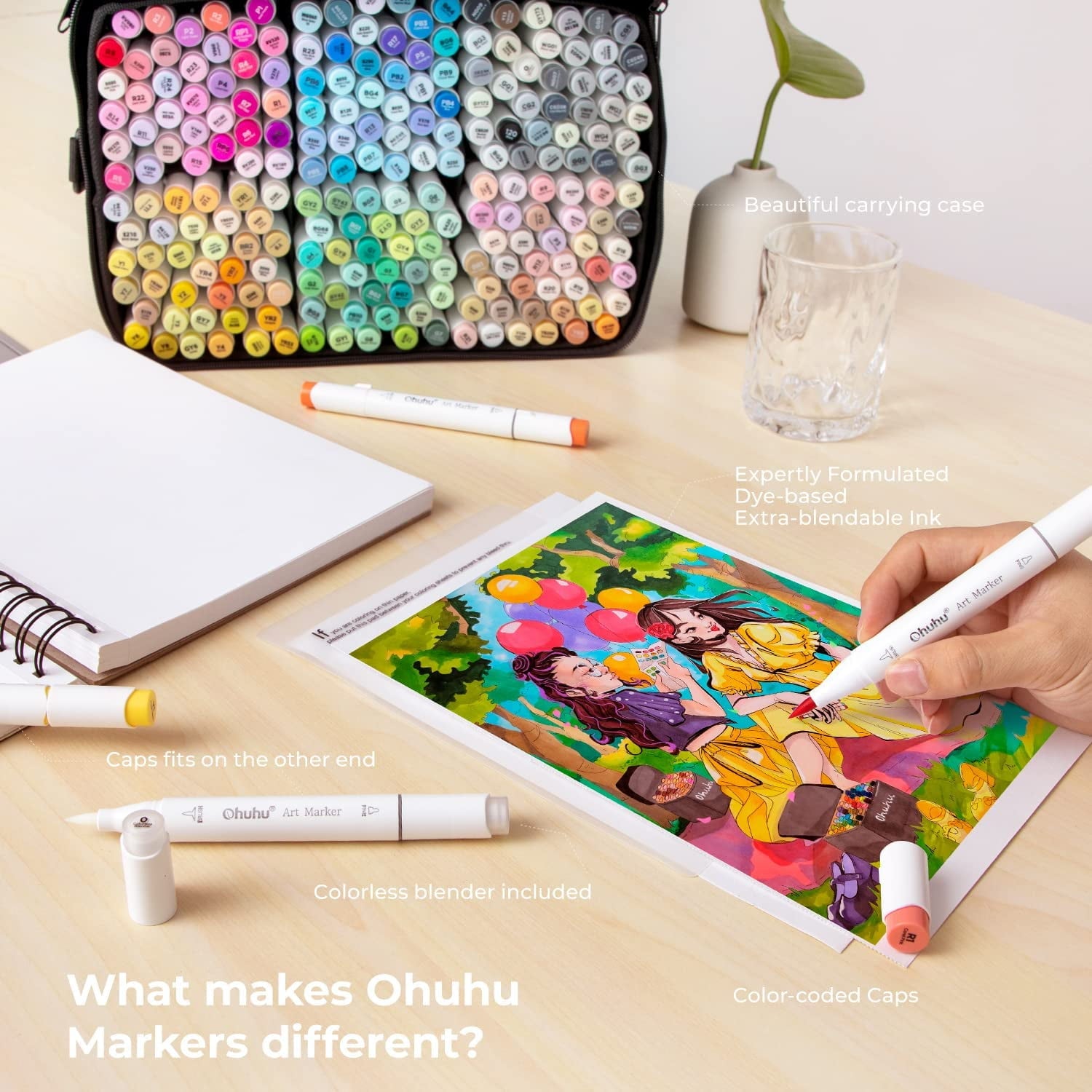 Ohuhu 216-Color Brush Markers, Dual Tip Brush & Chisel, Alcohol-Based, Refillable, Honolulu Series for Adults Coloring