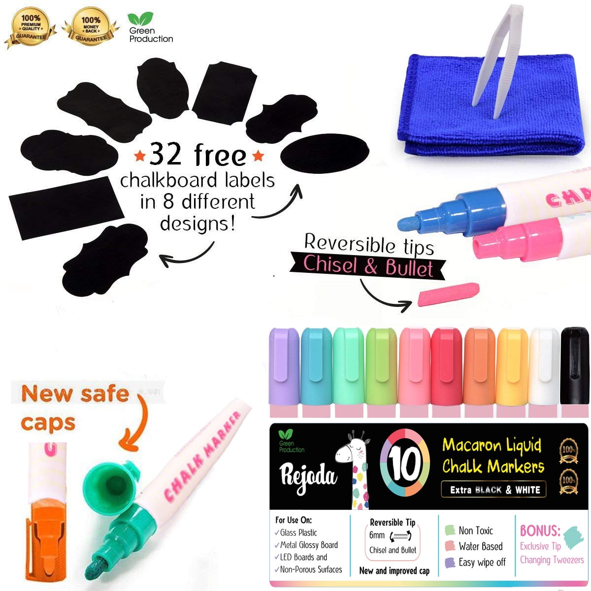 REJODA Liquid Chalk Markers for Blackboard, 10 Vintage Neon Colors Chalkboard Markers with Reversible Bullet and Chisel Tip. Chalk Pens for Glass with Bonus 32 Labels, Cleaning Cloth and Tweezers