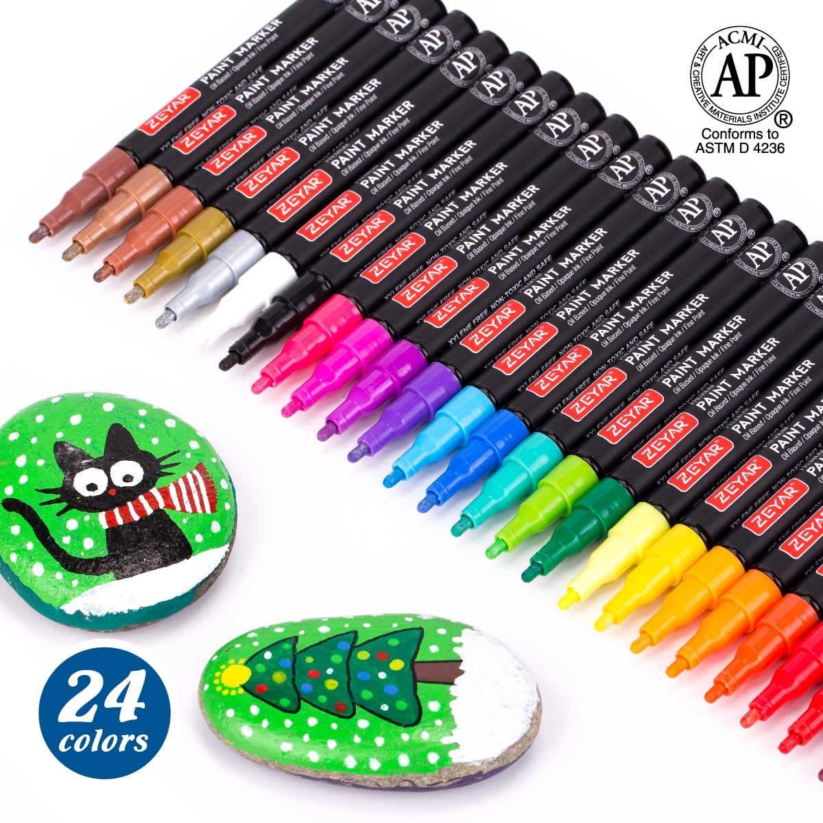 ZEYAR Paint Markers, Expert of Rock Painting, Fine Point 24 Colors, AP Certified. Permanent Ink & Waterproof, Works on Rock, Wood, Glass, Metal, Ceramic and More (24 Colors Fine Point)