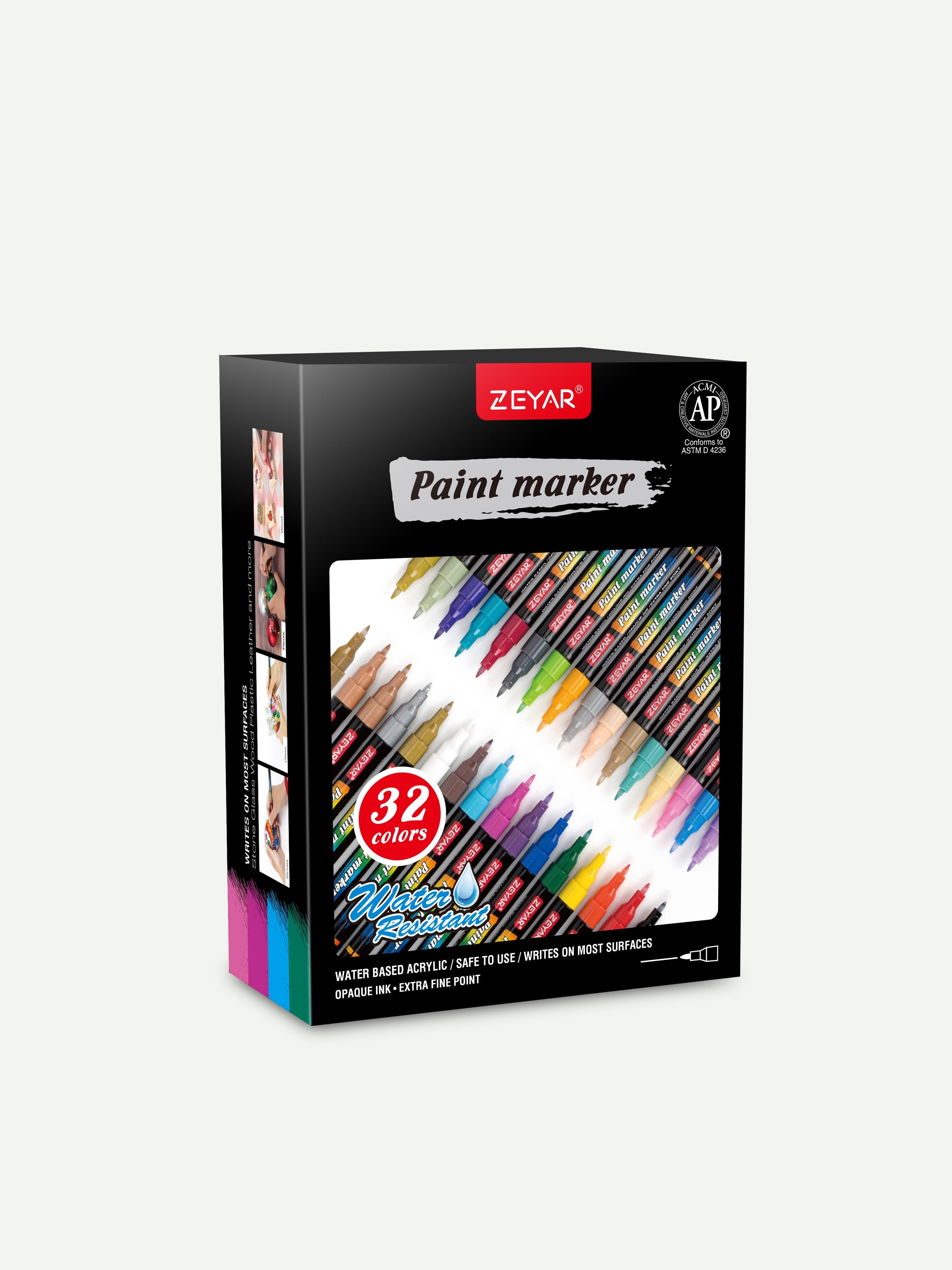 ZEYAR Acrylic Paint Pens, Water based Extra Fine Point, 32 vibrant colors, Opaque Ink, AP Certified, Paint Marker for Glass, Rock, Paper, Ceramic, Plastic and Non porous surfaces