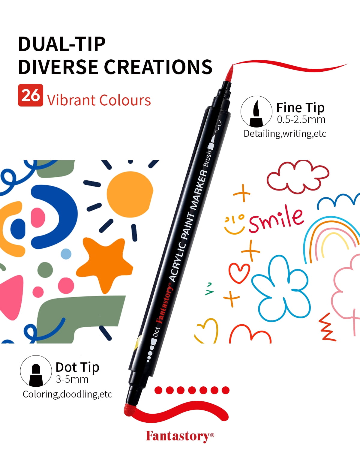 Fantastory Dual Tip Acrylic Paint Marker Set, 26 Colors, for Rock Painting, Wood, Glass, Ceramic, Canvas, Card Making and DIY Crafts
