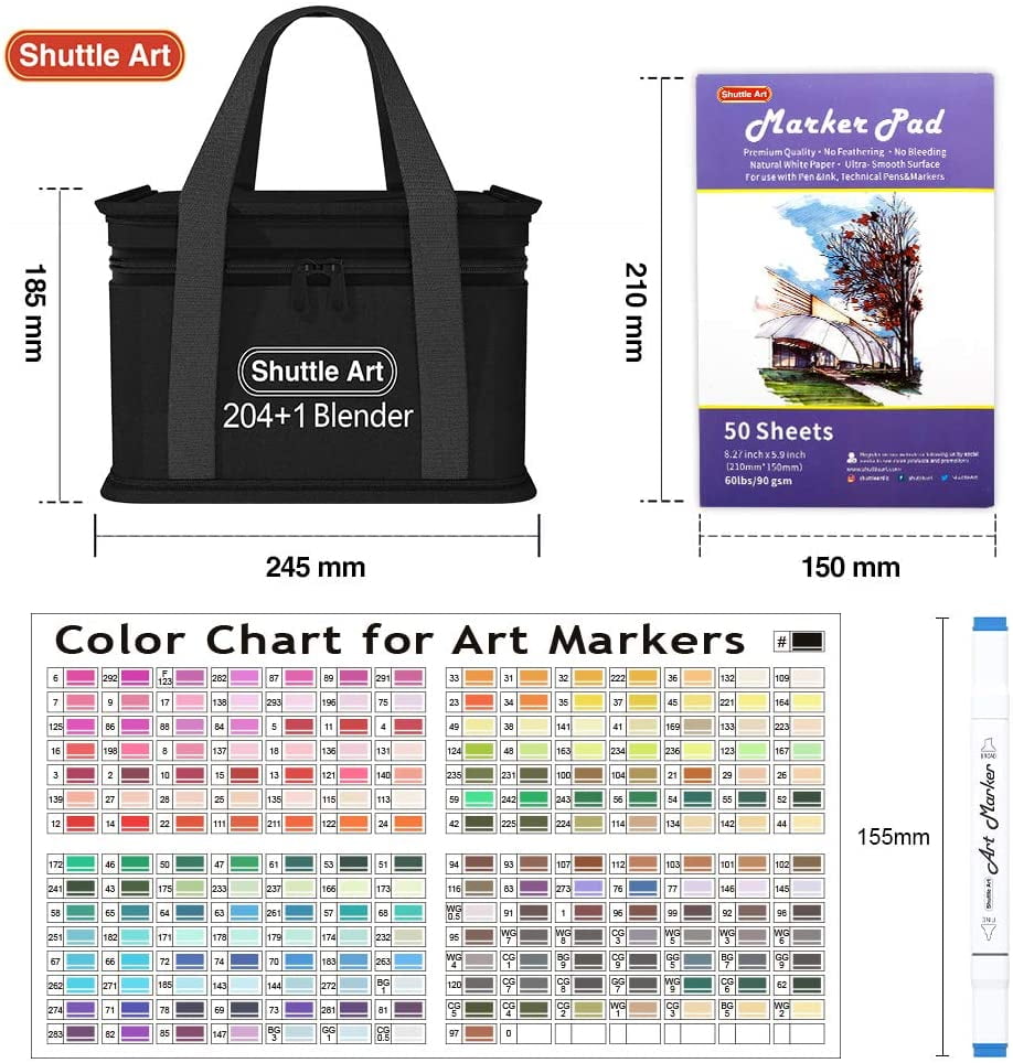 Shuttle Art 205 Colors Dual Tip Alcohol Art Markers, 204 Colors Permanent Marker Plus 1 Blender 1 Marker Pad 1 Case and Color Chart for Adult Artist Drawing Coloring Books Sketching