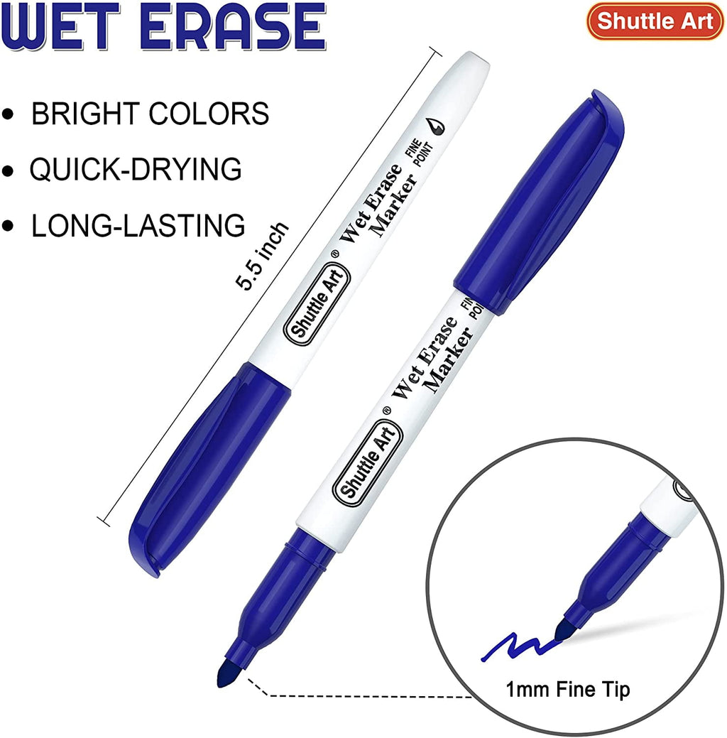 Wet Erase Markers, Shuttle Art 15 Pack Blue 1mm Fine Tip Smudge-Free Markers, Use on Laminated Calendars, Overhead Projectors, Schedules, Whiteboards, Transparencies, Glass