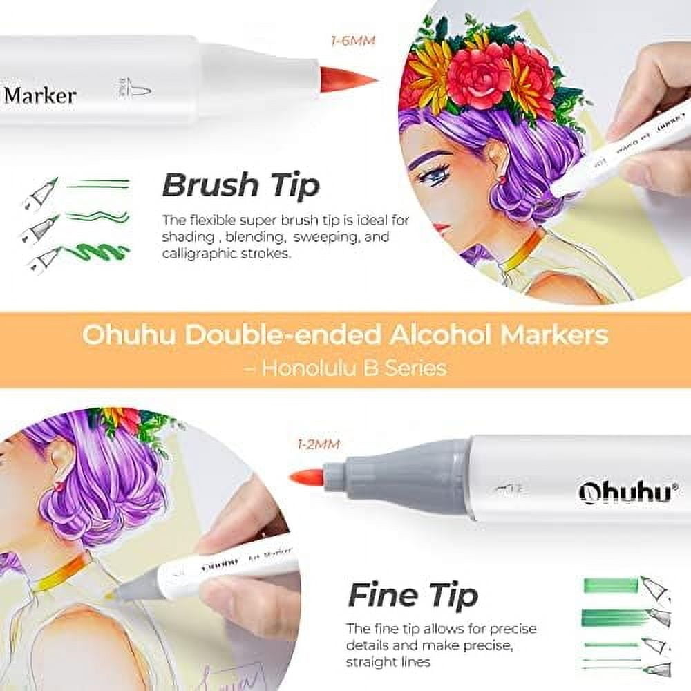 Ohuhu Alcohol Markers Honolulu B 104-Color Set, Dual Tip Brush & Fine, Refillable for Artists & Adults, Illustration & Coloring