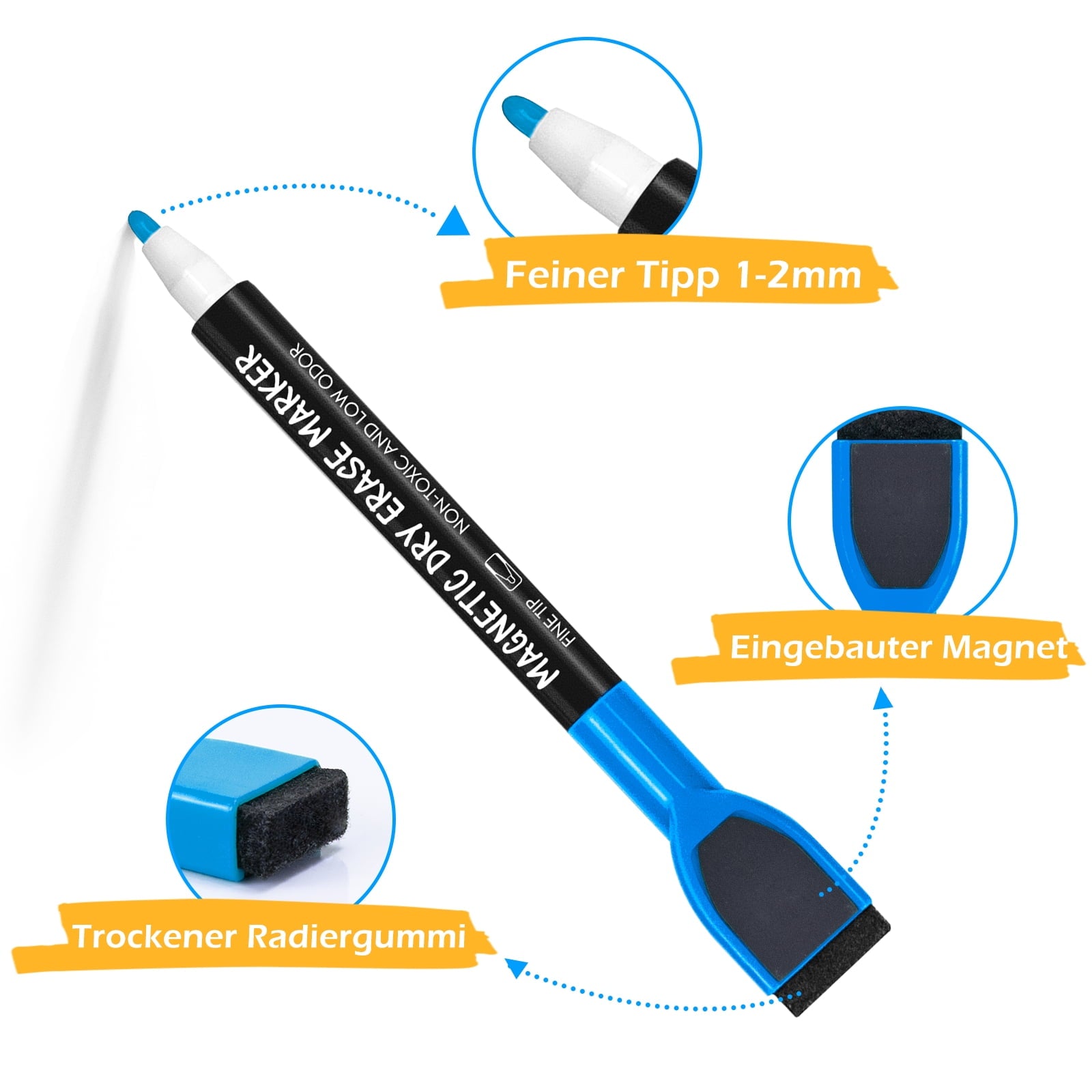 Maxtek Magnetic Dry Erase Markers with Eraser,Fine Tip,Assorted Colors,12 Count,1-2mm Fine Point Whiteboard Marker for Office Supplies,Calendar Boards