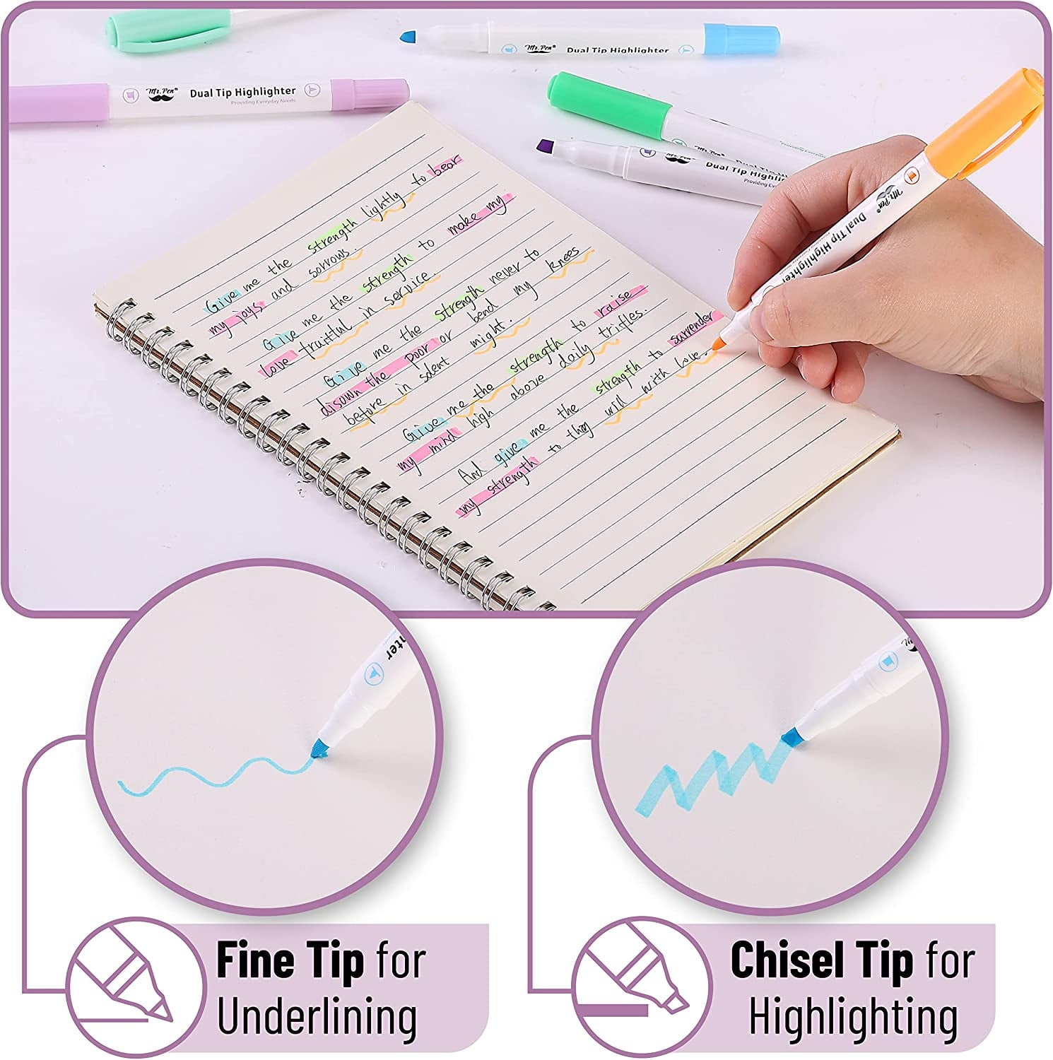 Mr. Pen- Dual Tip Highlighters, Pastel Colors, 12 Pack, Fine & Chisel Tip Highlighters Assorted Colors