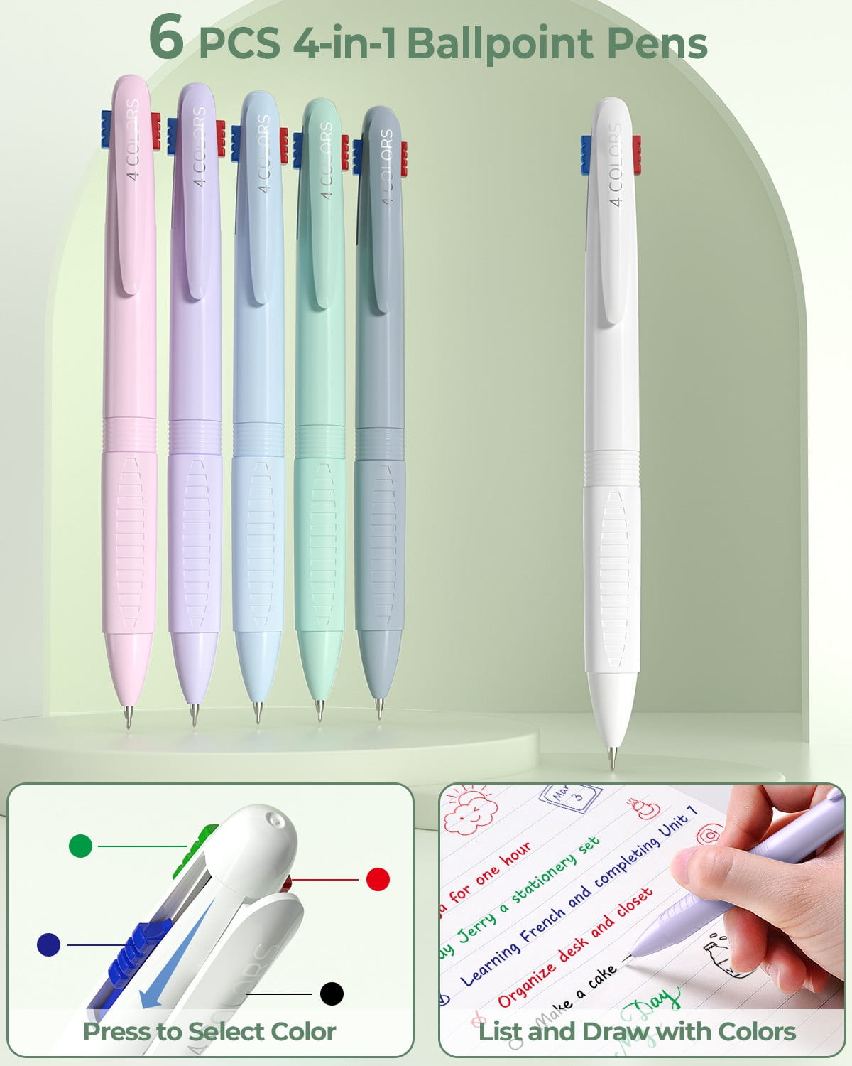 Four Candies 56 PCS Aesthetic Supplies with Large Pencil Case, 6 Colored Ballpoint Pens, 12 Pastel Highlighters, 5 Black Ink Gel Pens, 9 Mechanical Pencils 0.5-2.0mm Essentials (Green)