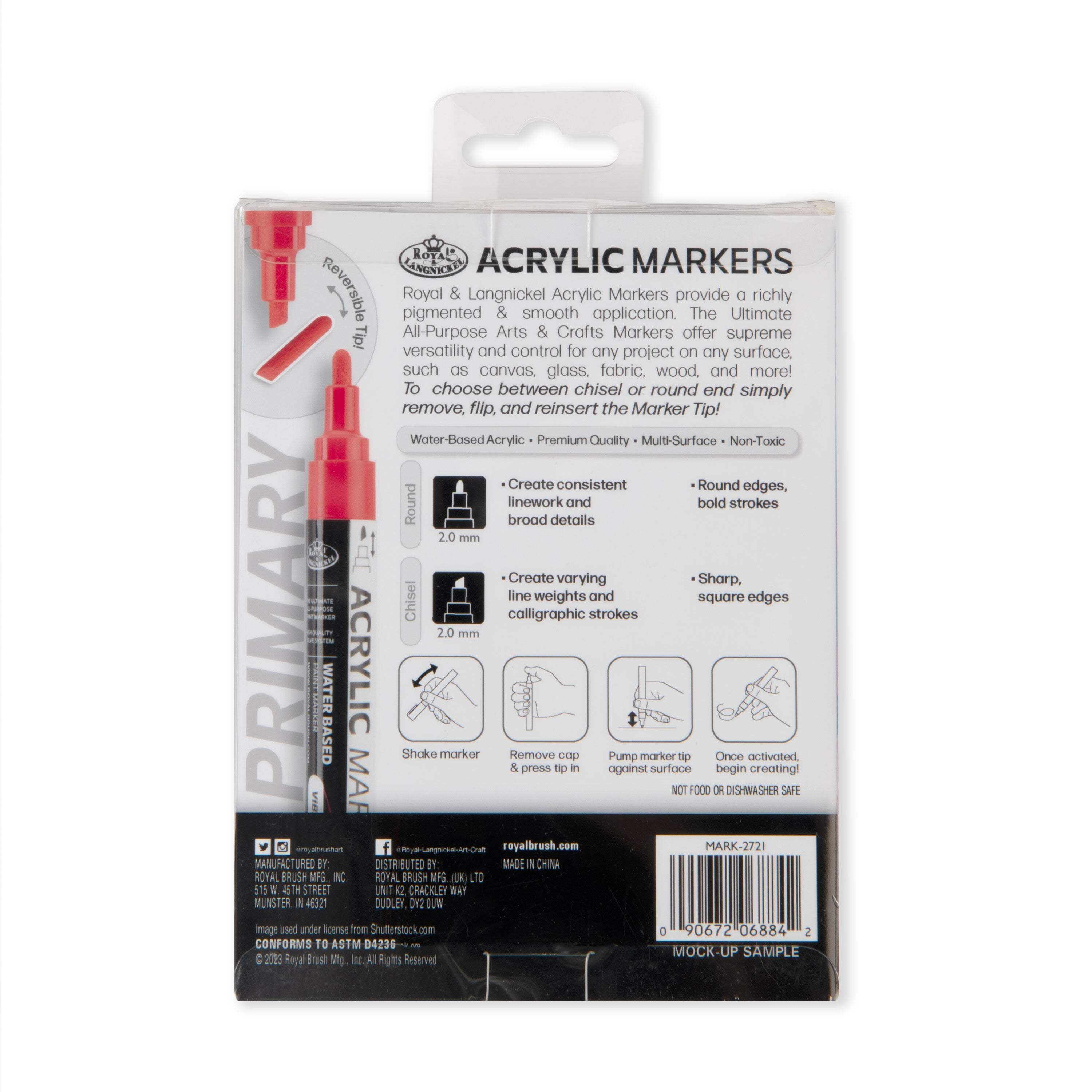 Royal & Langnickel 6 Piece Acrylic 2.0 mm Reversible Tip Primary Markers