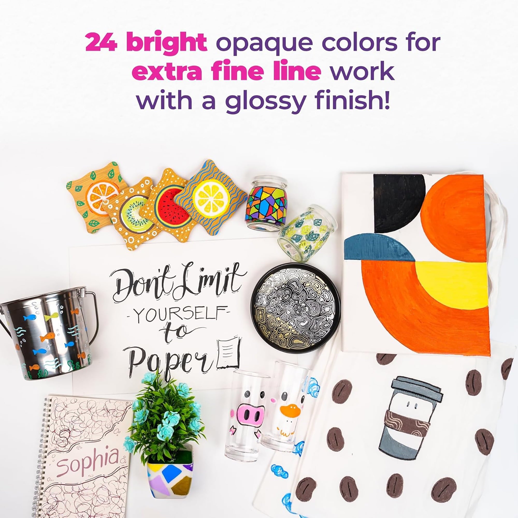 Pintar: Acrylic Paint Markers: Extra Fine Tip .7mm, 24 Pack-Bright Opague Colors, Glossy Finish, Japanese Ink Multi-Surface Pens, Premium Art Supplies