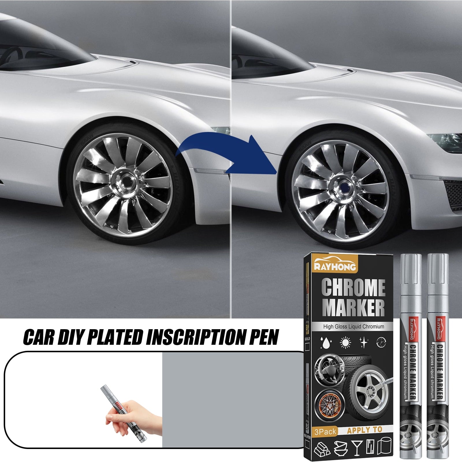 Liquid Chrome Paint Marker Pen,3PCS Liquid Chrome Marker Set,Chrome Touch Up Markers for Model Metal Cars Tire DIY Art Craft Repair - Silver