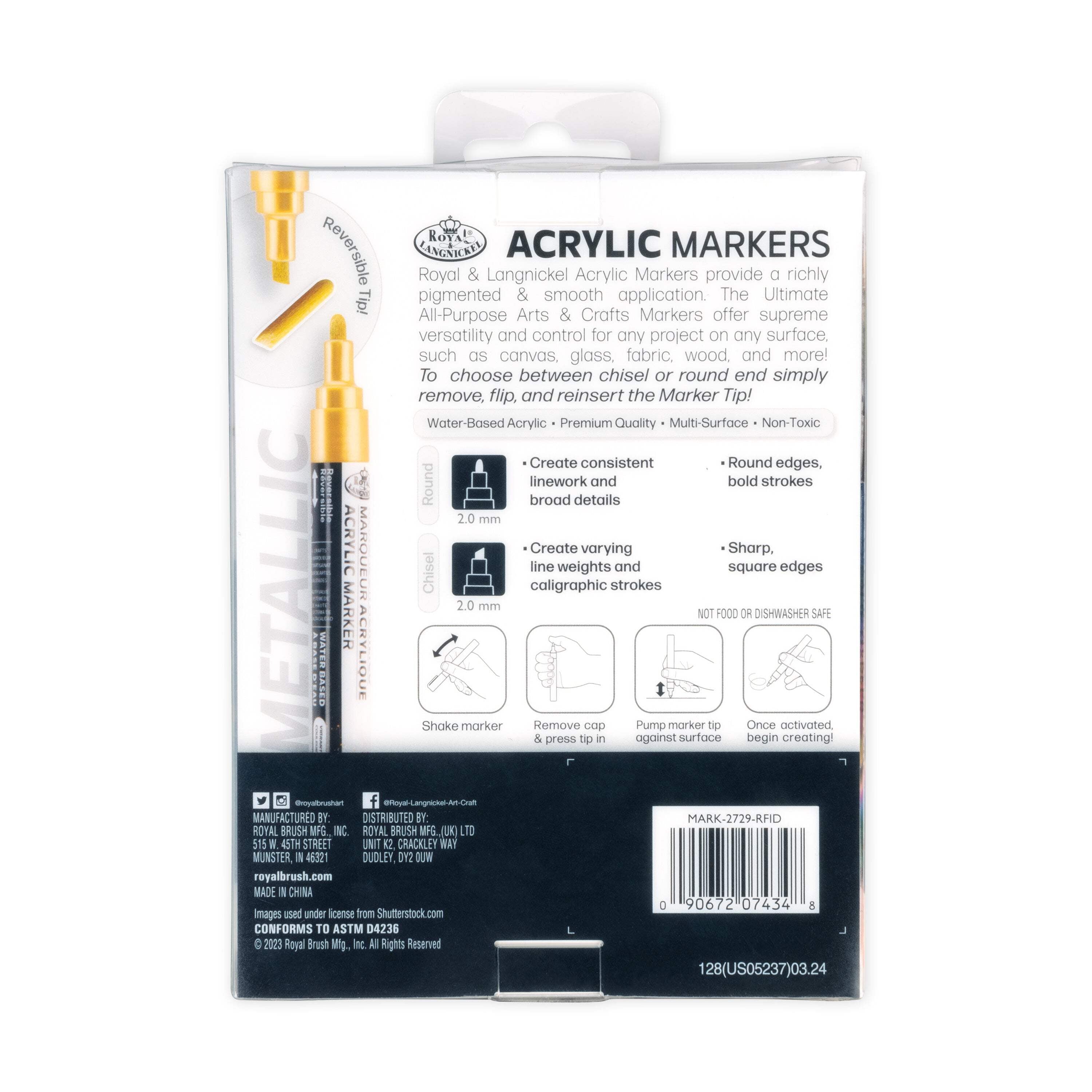 Royal & Langnickel 6 Piece Acrylic 2.0 mm Reversible Tip Metallic Markers