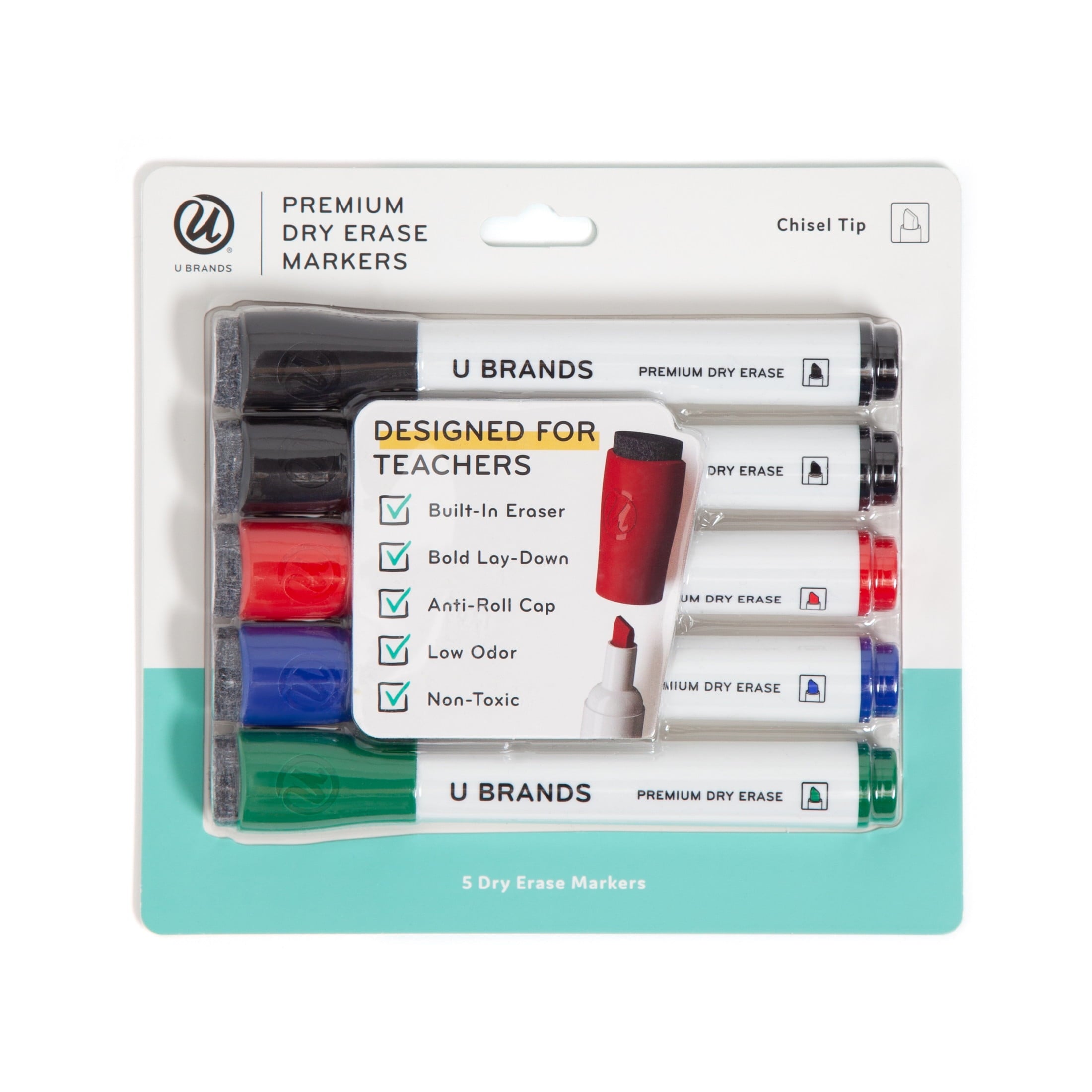 U Brands Dry Erase Markers, Set of 5, Assorted Colors, Low-Odor, Chisel (5 mm) Tip