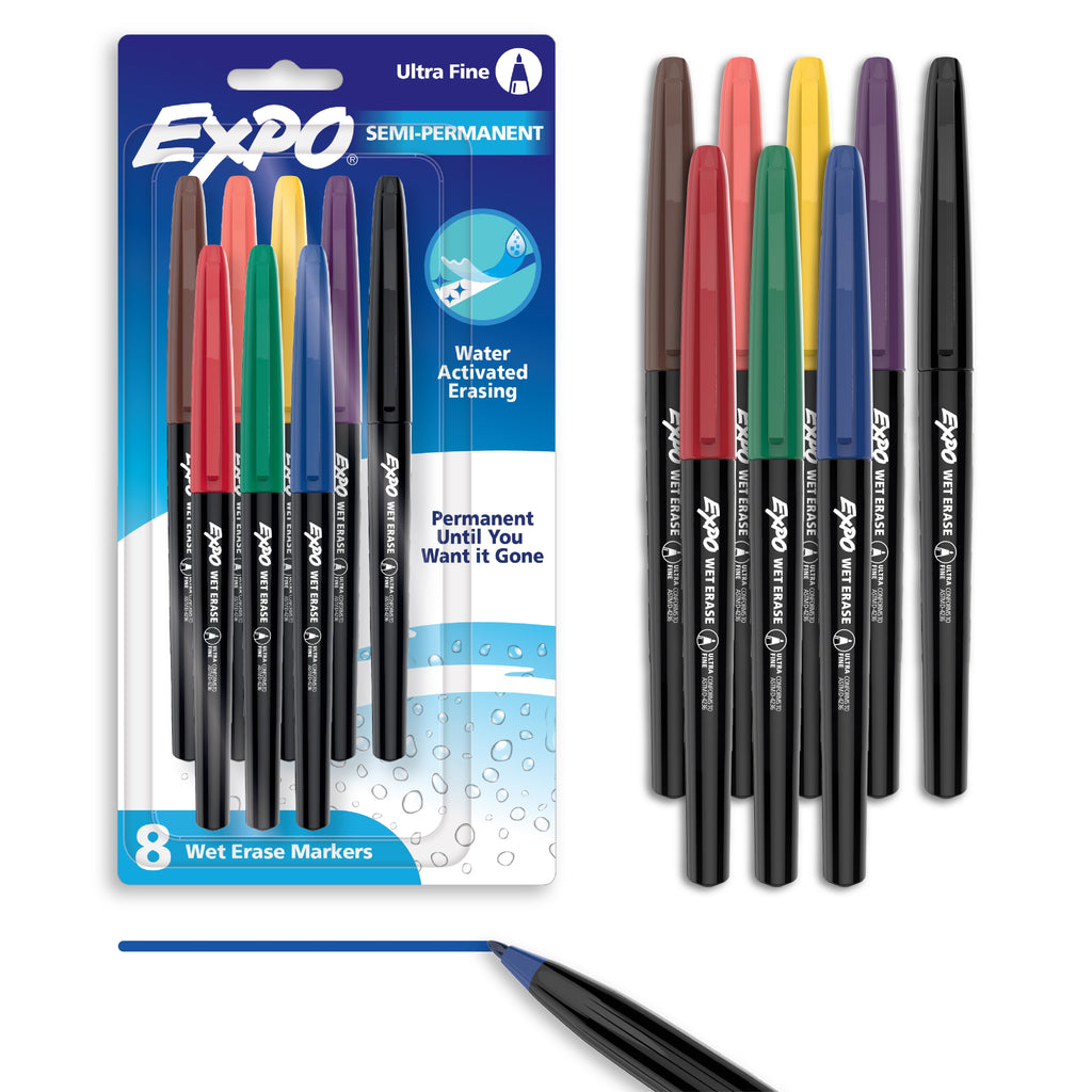 Expo Wet Erase Markers, Semi-Permanent Markers, Assorted, Ultra Fine Tip, 8 Count