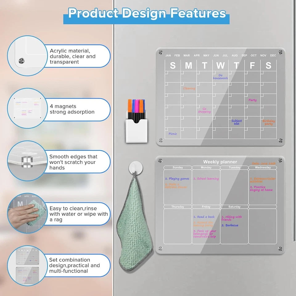 2X Acrylic Magnetic Fridge Calendar Week & Month W/ Dry Erase Markers And Holder