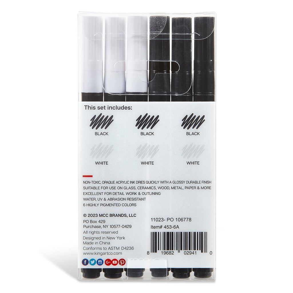 KINGART&reg; PRO Extra Fine Point Acrylic Paint Pen Markers, Black & White, Set of 6 (3 each)