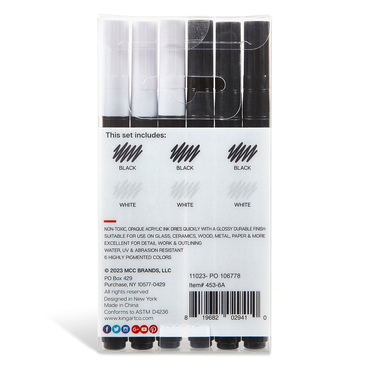 KINGART&reg; PRO Extra Fine Point Acrylic Paint Pen Markers, Black & White, Set of 6 (3 each)