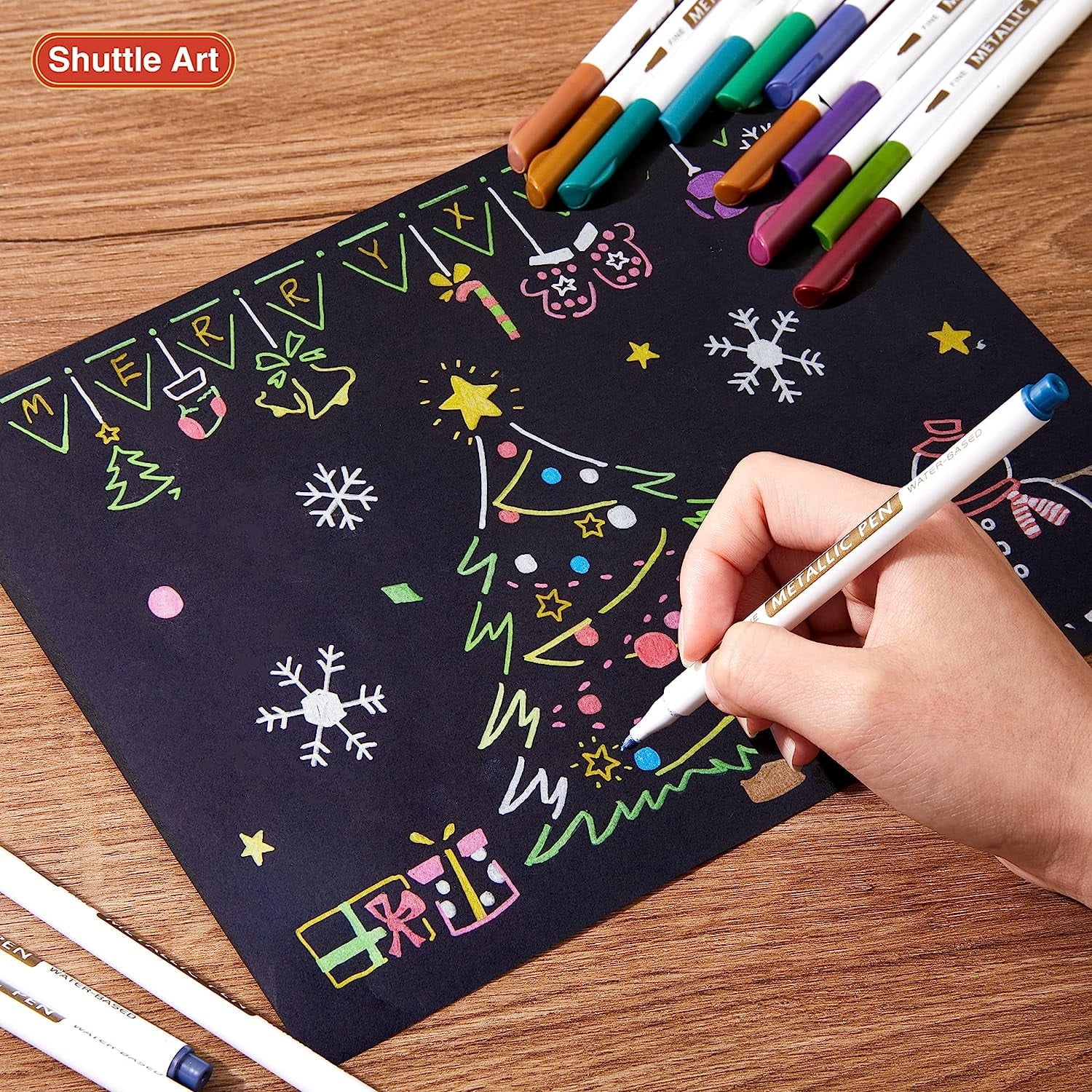 Metallic Marker Pens, Shuttle Art 24 Colors Metallic Paint Markers Fine Point for DIY Card, Calligraphy, Art and Crafting Projects, Works Great on Black Paper, Scrapbooks, Fabric, Rock.