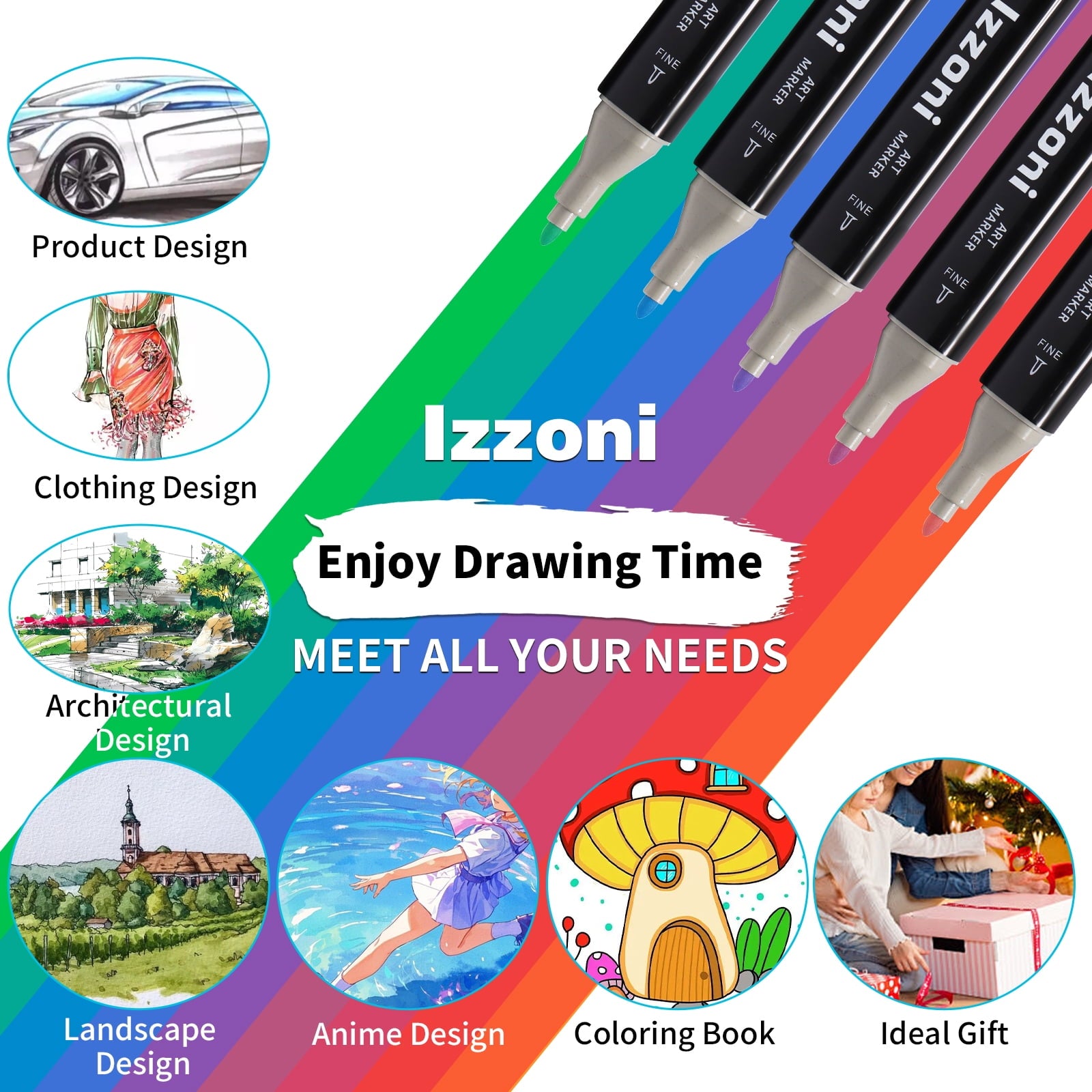 Izzoni 80 Colors Alcohol Markers Set, Dual Tip Coloring, Permanent Art Drawing Marker for Adult Sketching Coloring with Case and Holders