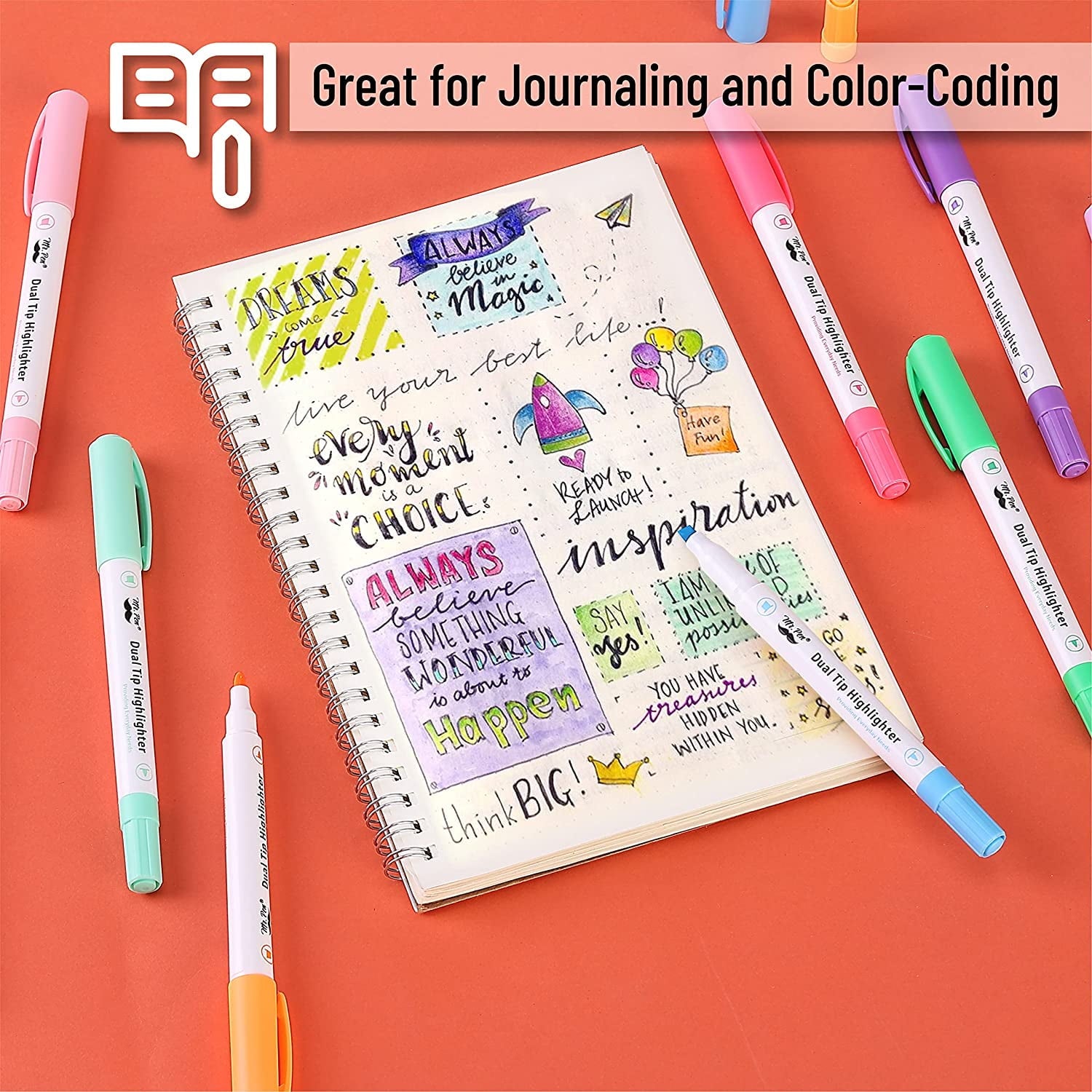 Mr. Pen- Dual Tip Highlighters, Pastel Colors, 12 Pack, Fine & Chisel Tip Highlighters Assorted Colors