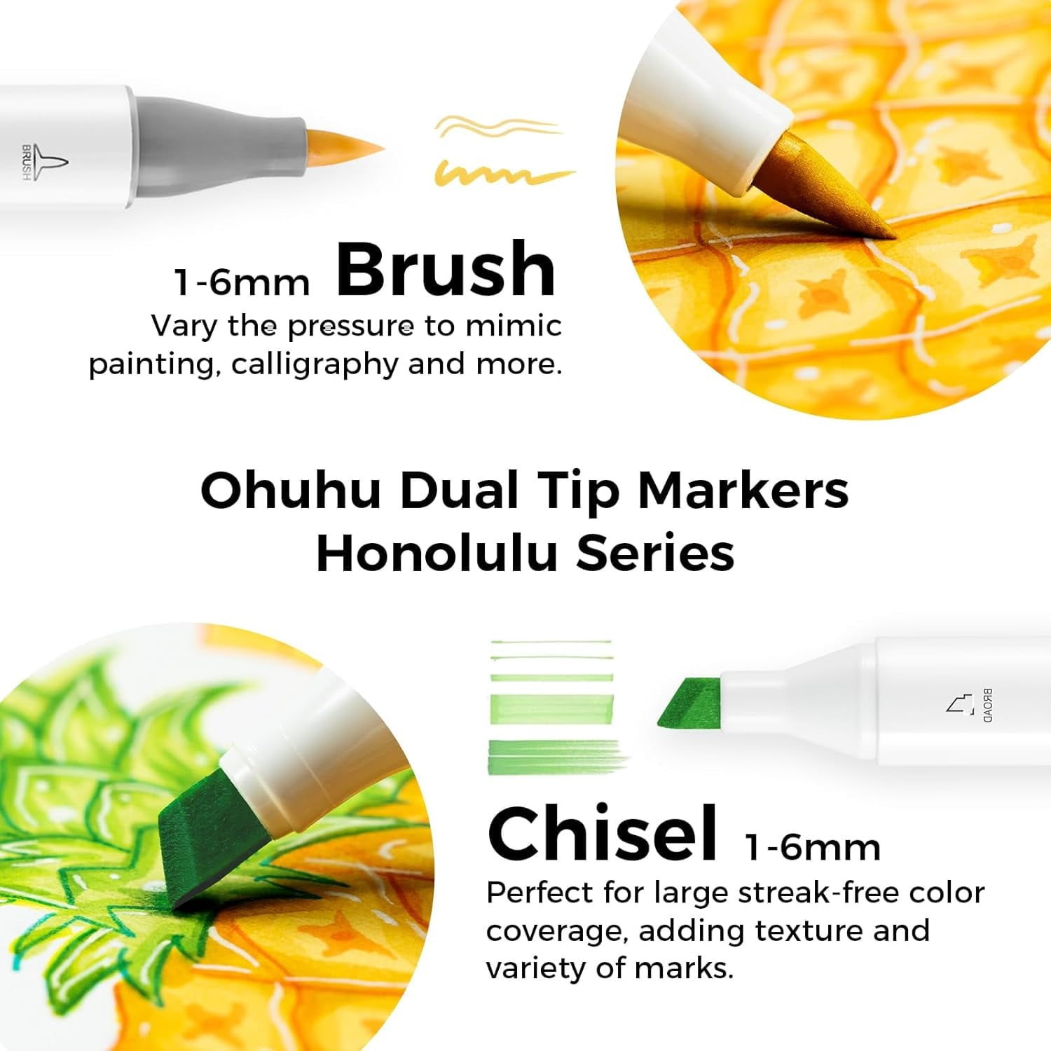 Ohuhu Alcohol Markers Brush Tip 48-Color Set - Brush & Chisel Tips, Refillable- New Color Code
