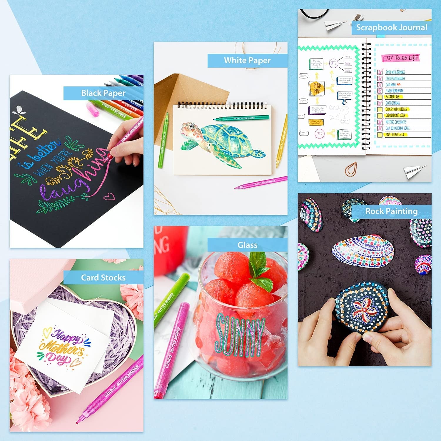 Ohuhu Glitter Markers, 12 Metallic Colors, Fine Tip, Water-Based Ink, for DIY Crafts